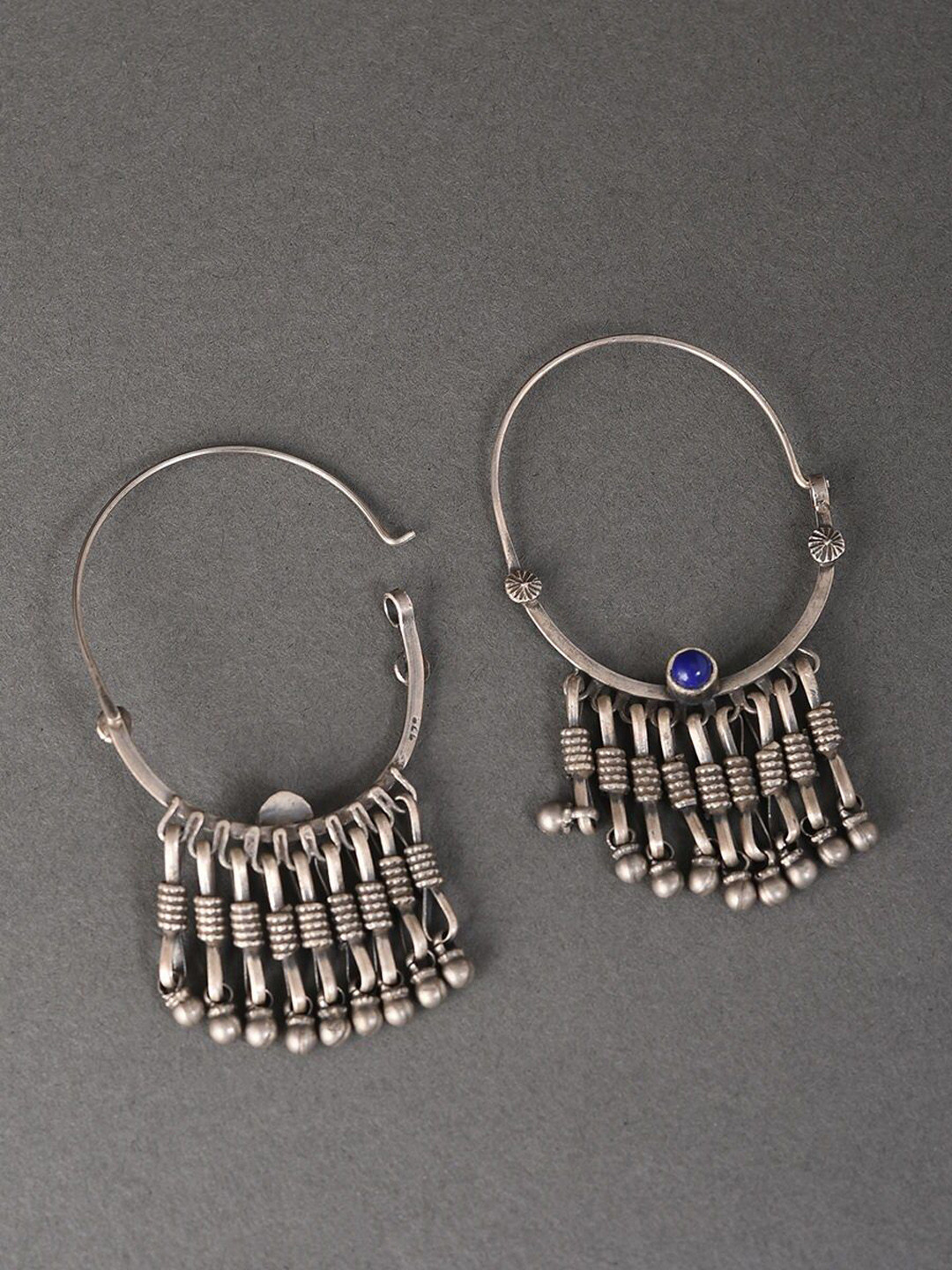 JAYPORE Silver Plated Lapis Lazuli Studded Contemporary Shaped Oxidised Hoop Earrings