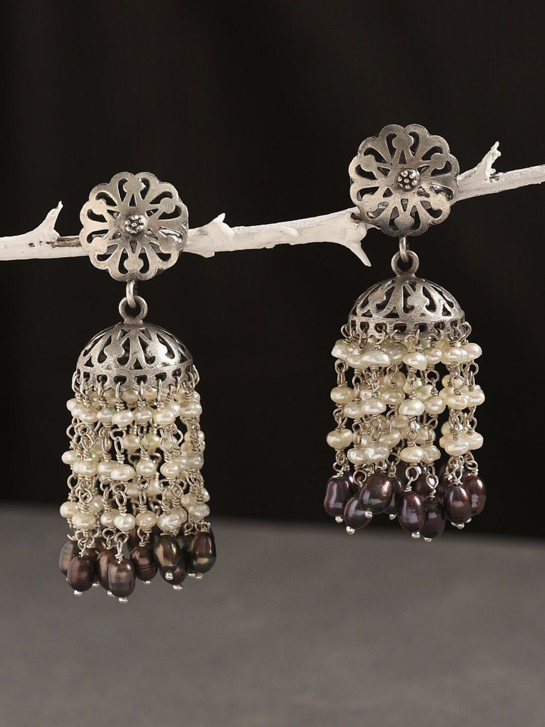 JAYPORE Silver-Plated Pearls and Artificial Beads Studded Floral Shaped  Jhumkas