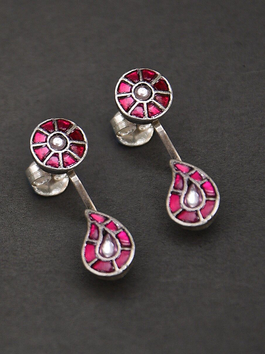 JAYPORE Silver Faux Ruby Studded Paisley Shaped Drop Earrings