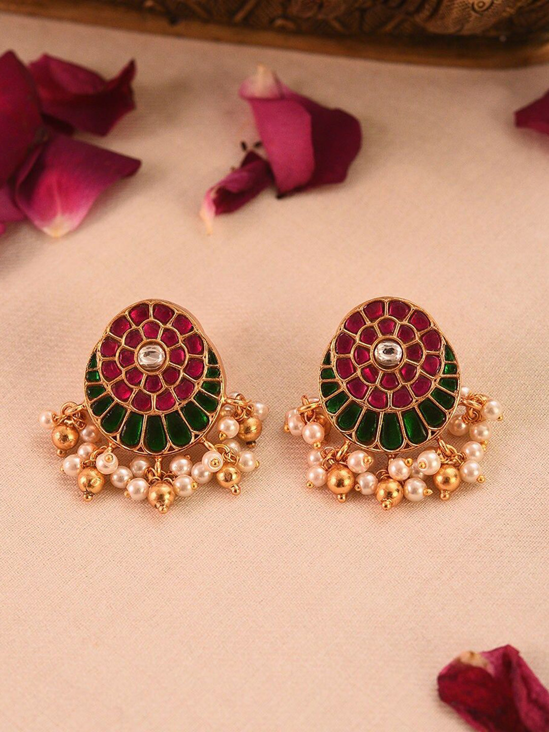 JAYPORE Gold Plated Artificial Stone Studded Pink and Green Contemporary Studs
