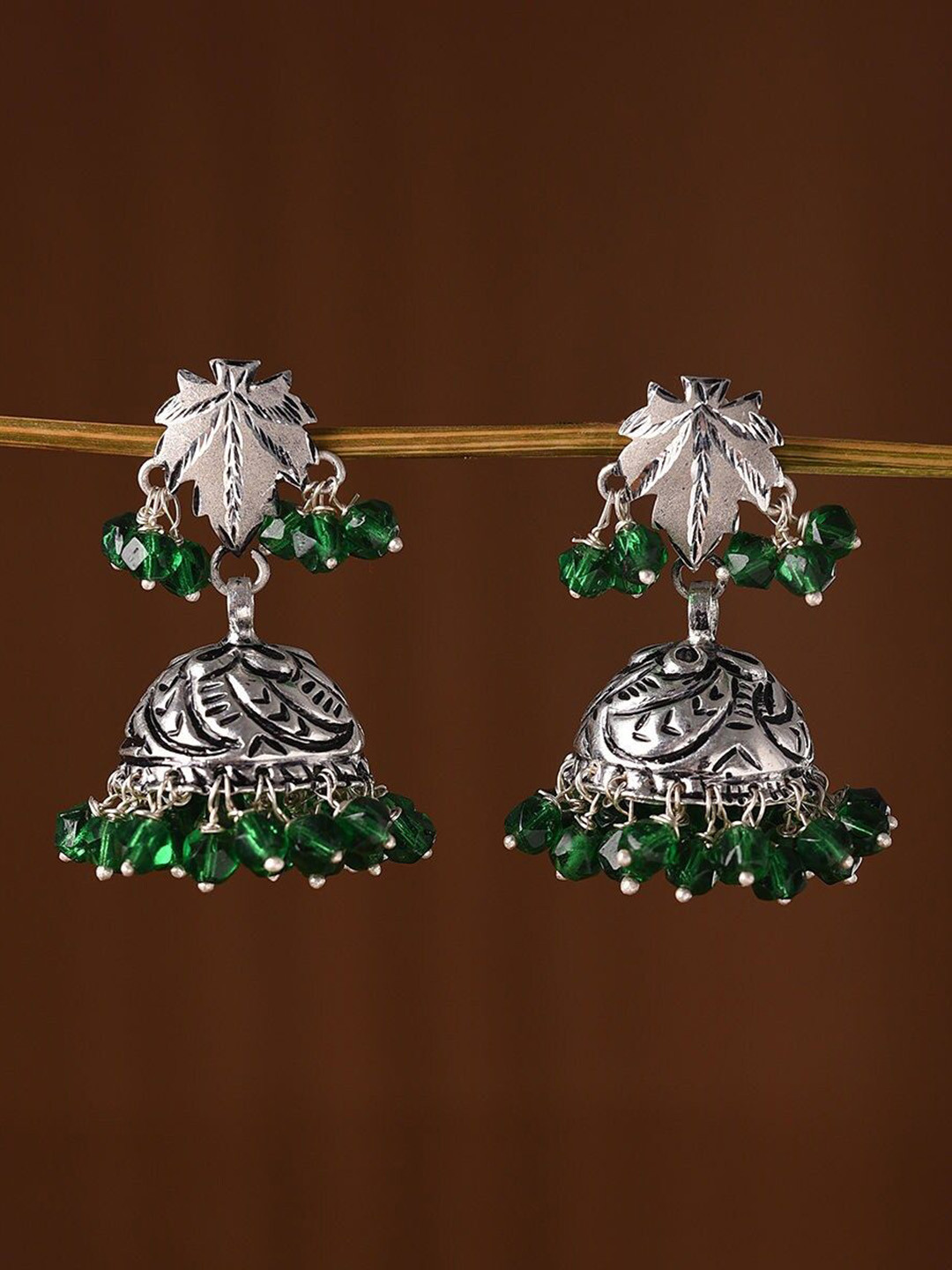 JAYPORE Silver-Plated Oxidized Emerald Stone Studded Leaf Shaped Jhumkas