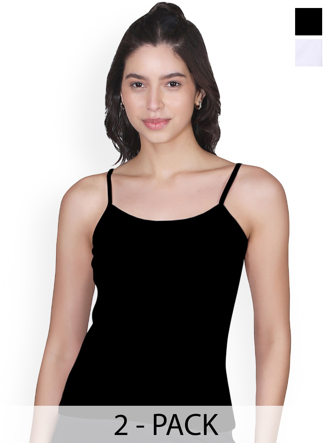 DChica Women Pack of 2 Non Padded Cotton White & Black Solid Thin Strap Camisoles