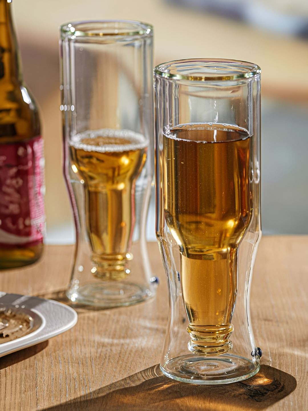 Troveas Transparent 2 Pieces Double Wall Inverted Bottle Shaped Beer Glasses-250 ML