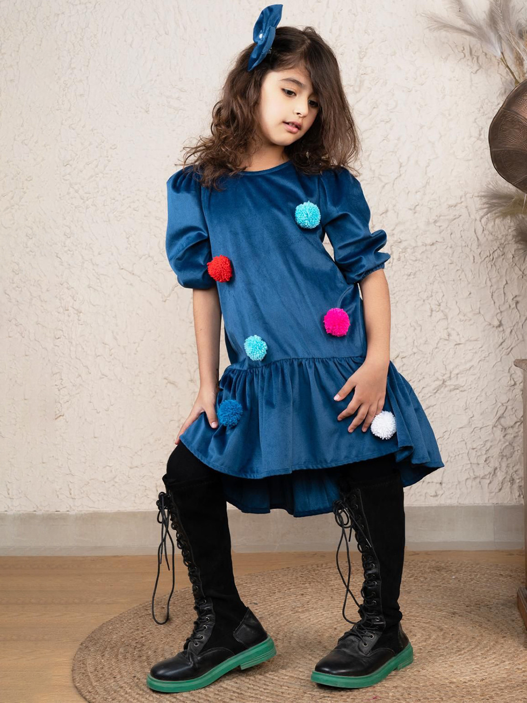 Foreverkidz Girls Pom Pom Twirl Velvet Dress