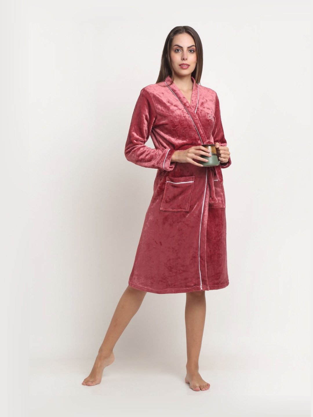 Arrabi Warm Fleece Rust Solid Wool Drawstring Knee Length Bath Robe