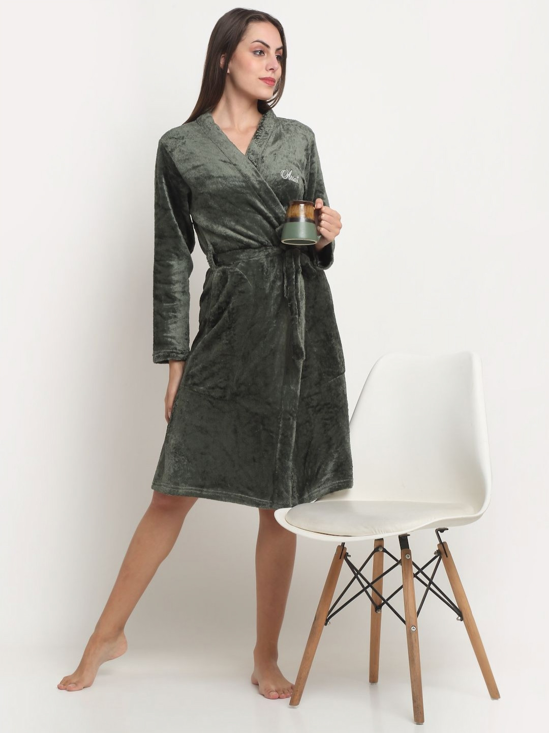 Arrabi Warm Fleece Green Solid Wool Drawstring Knee Length Bath Robe