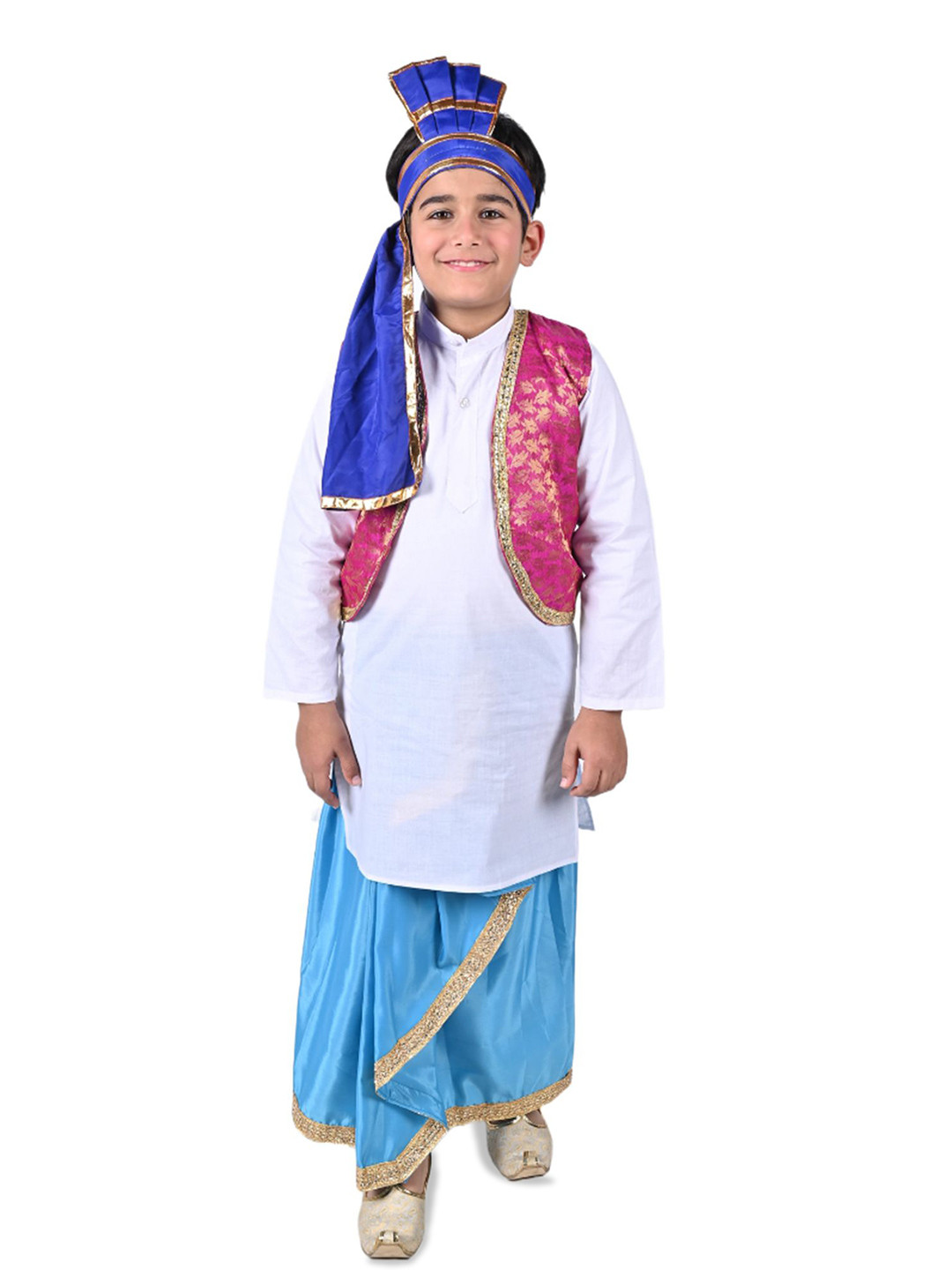 itsmycostume White and Turquoise Punjabi Folk Dance Costume Set With Blue Jacket & Turra