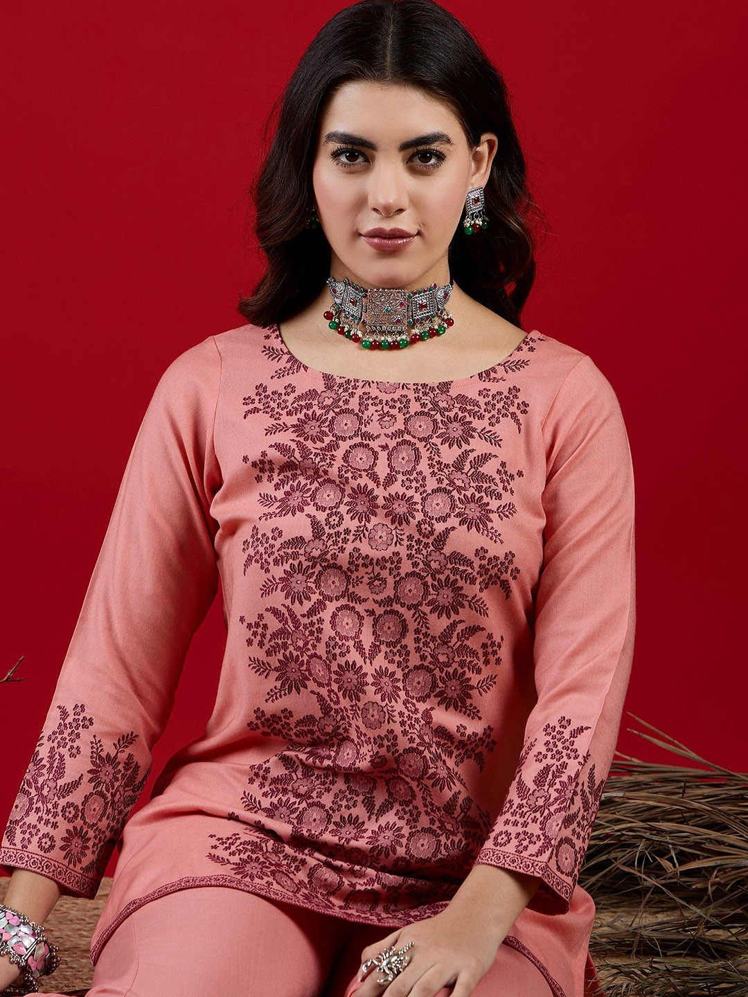 Sangria Peach Self Design Three-Quarter Sleeves Tunic With Trouser