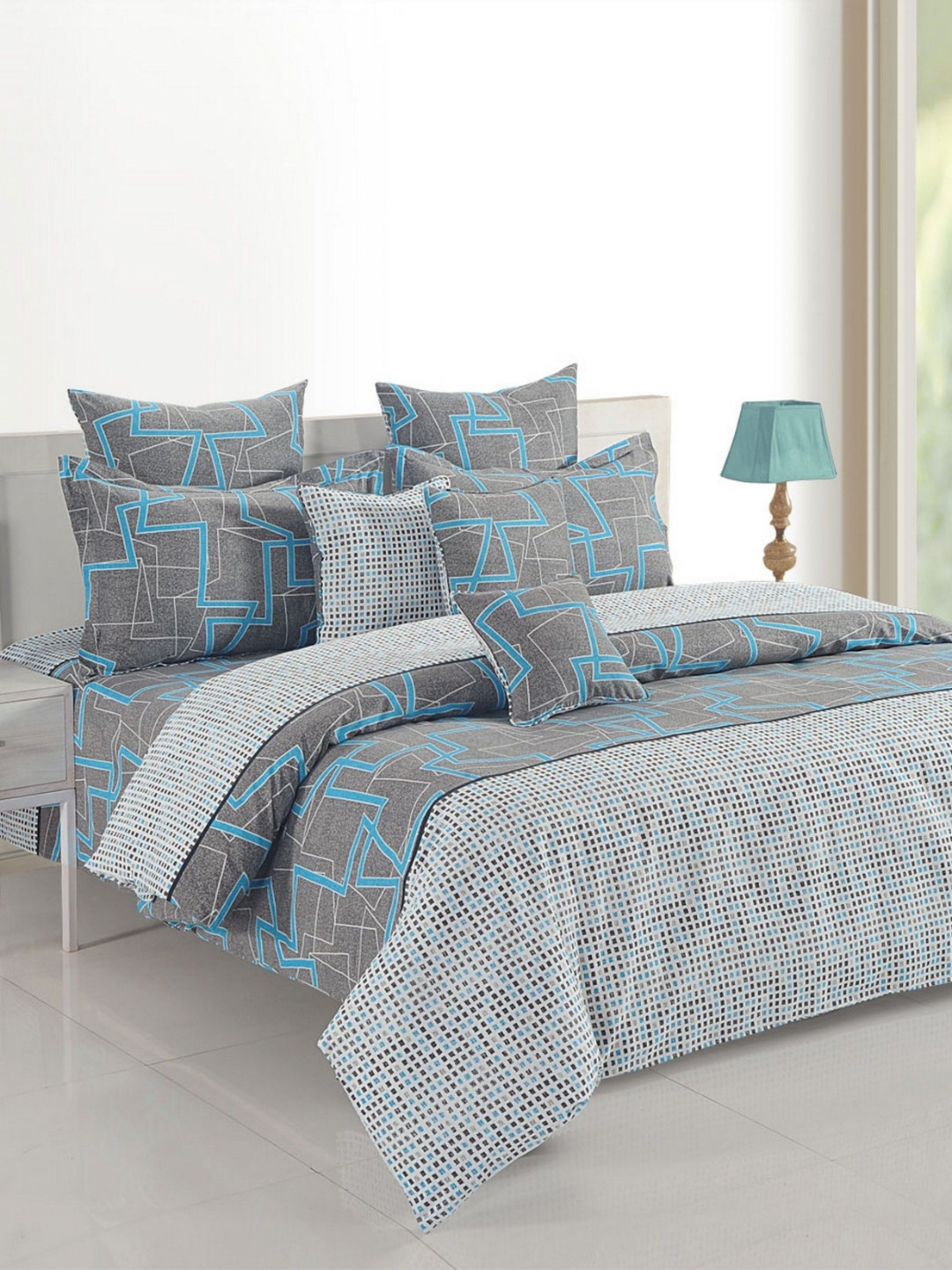 SWAYAM Midas Monalisa Grey & Blue Printed Pure Cotton AC Room 150 GSM Double Bed Comforter