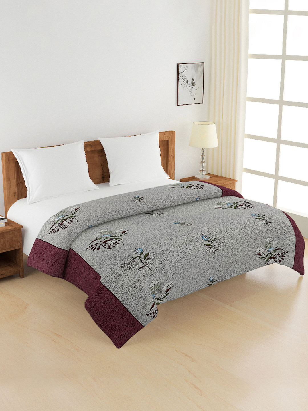 SWAYAM Veda Grey & Brown Floral Printed Pure Cotton AC Room 150 GSM Double Bed Comforter