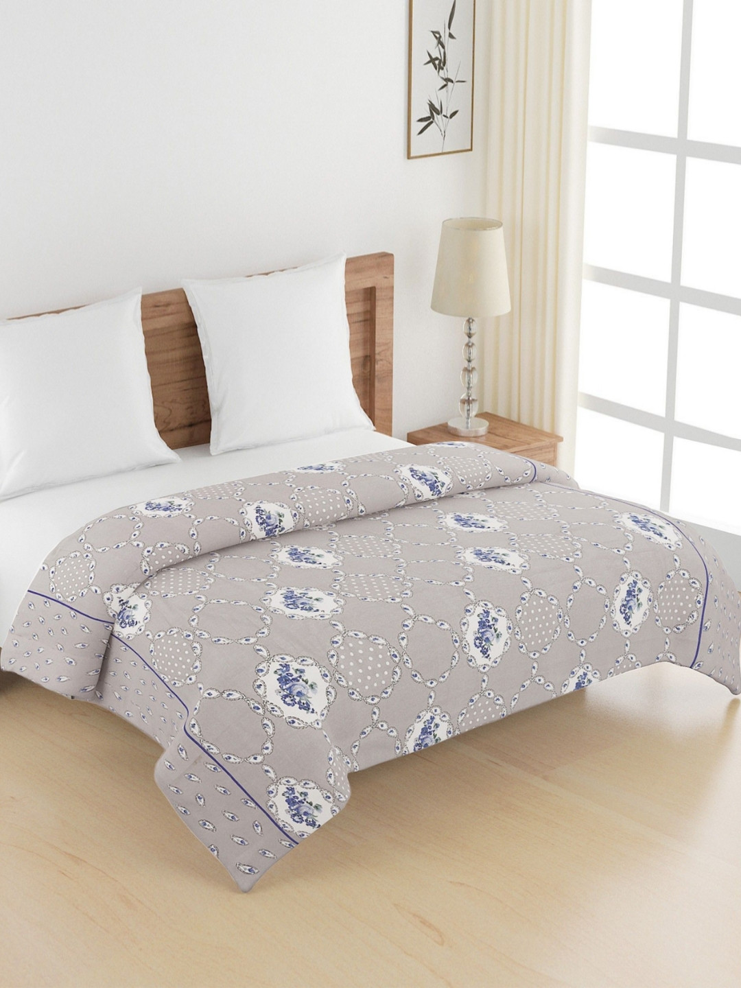 SWAYAM Sparkle Grey & White Floral Printed Pure Cotton AC Room 150GSM Double Bed Comforter
