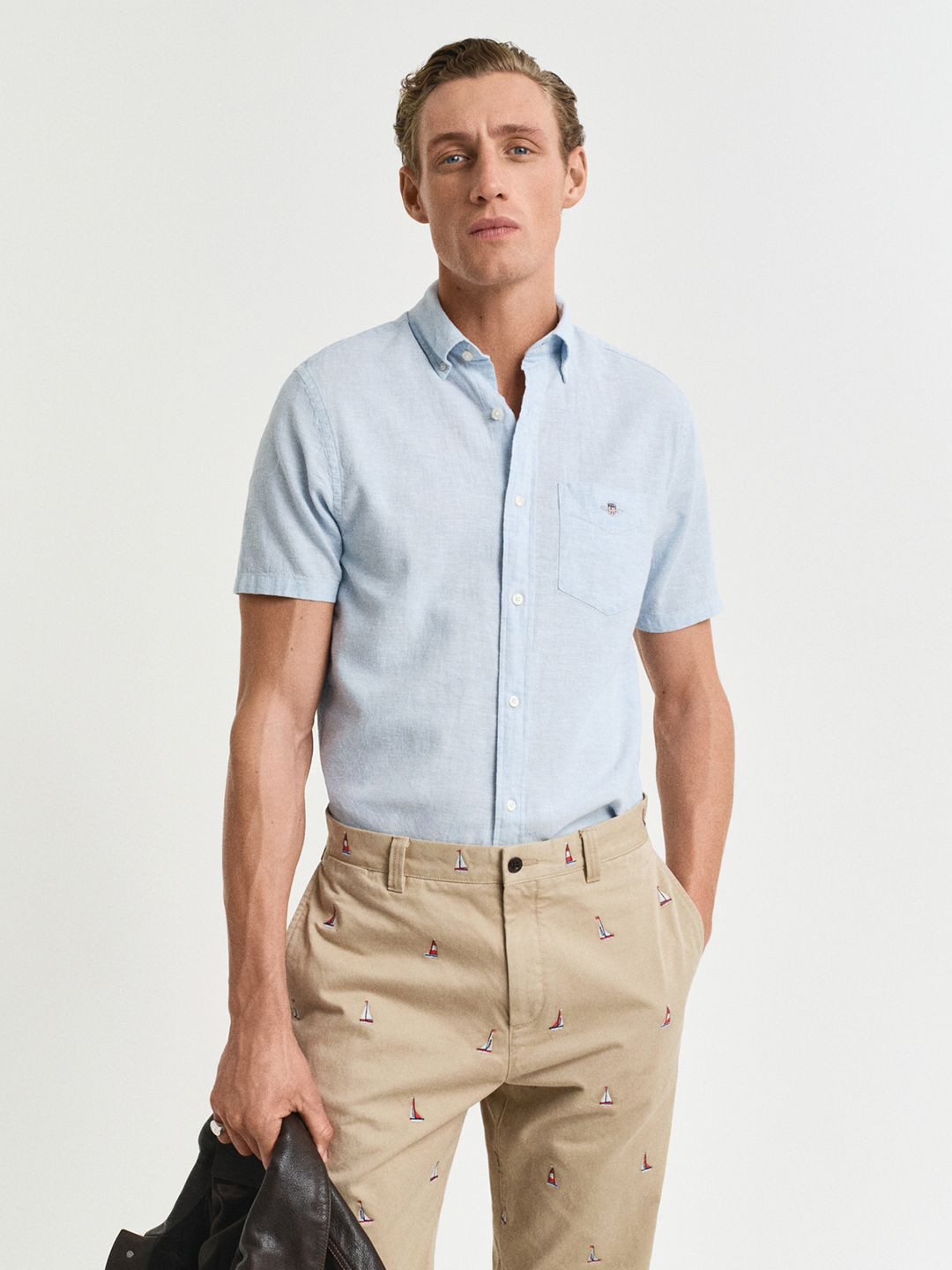 GANT Men Button-Down Collar Cotton Linen Casual Shirt