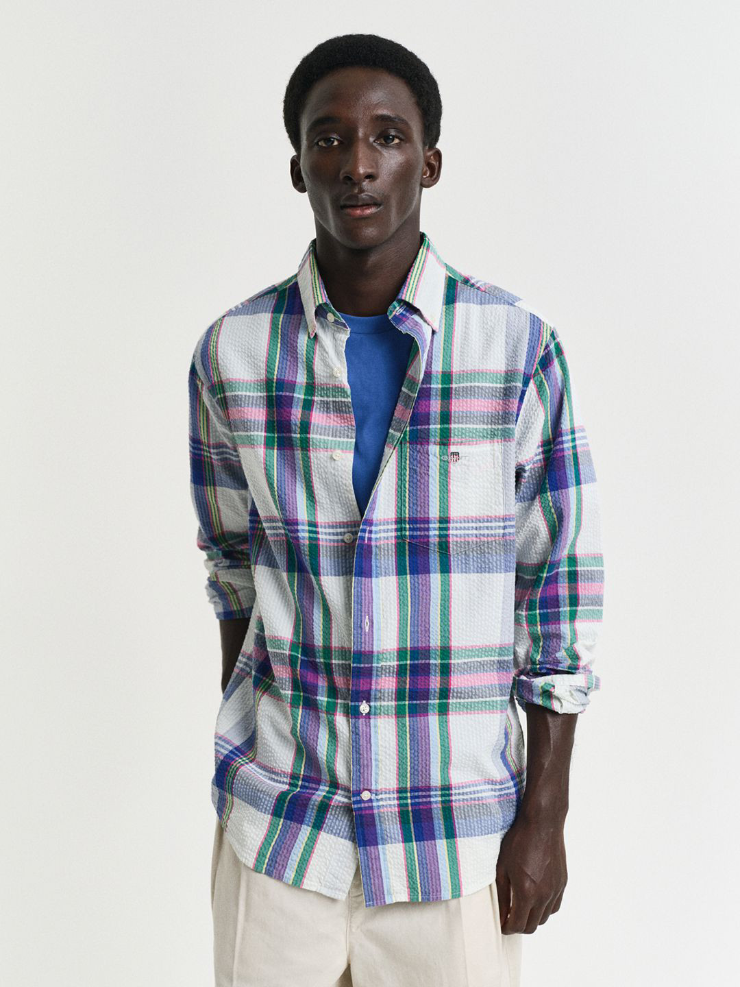 GANT Men Button-Down Seersucker Madras Checked Cotton Casual Shirt