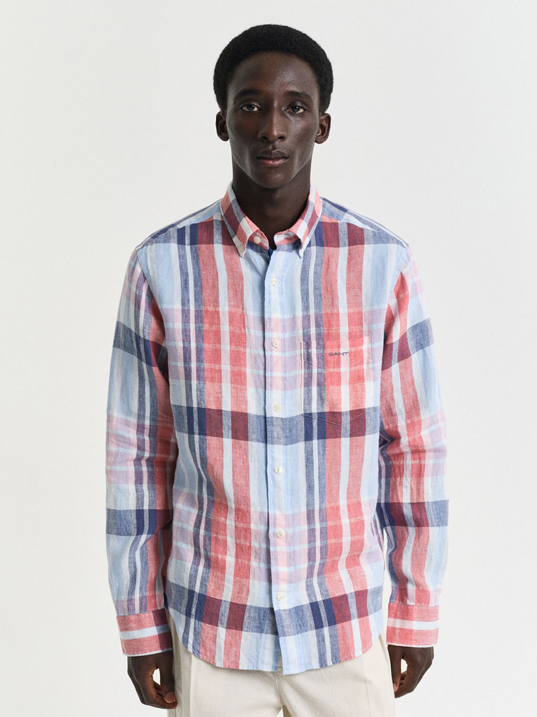 GANT Men Button-Down Regular Linen Madras Check Casual Shirt