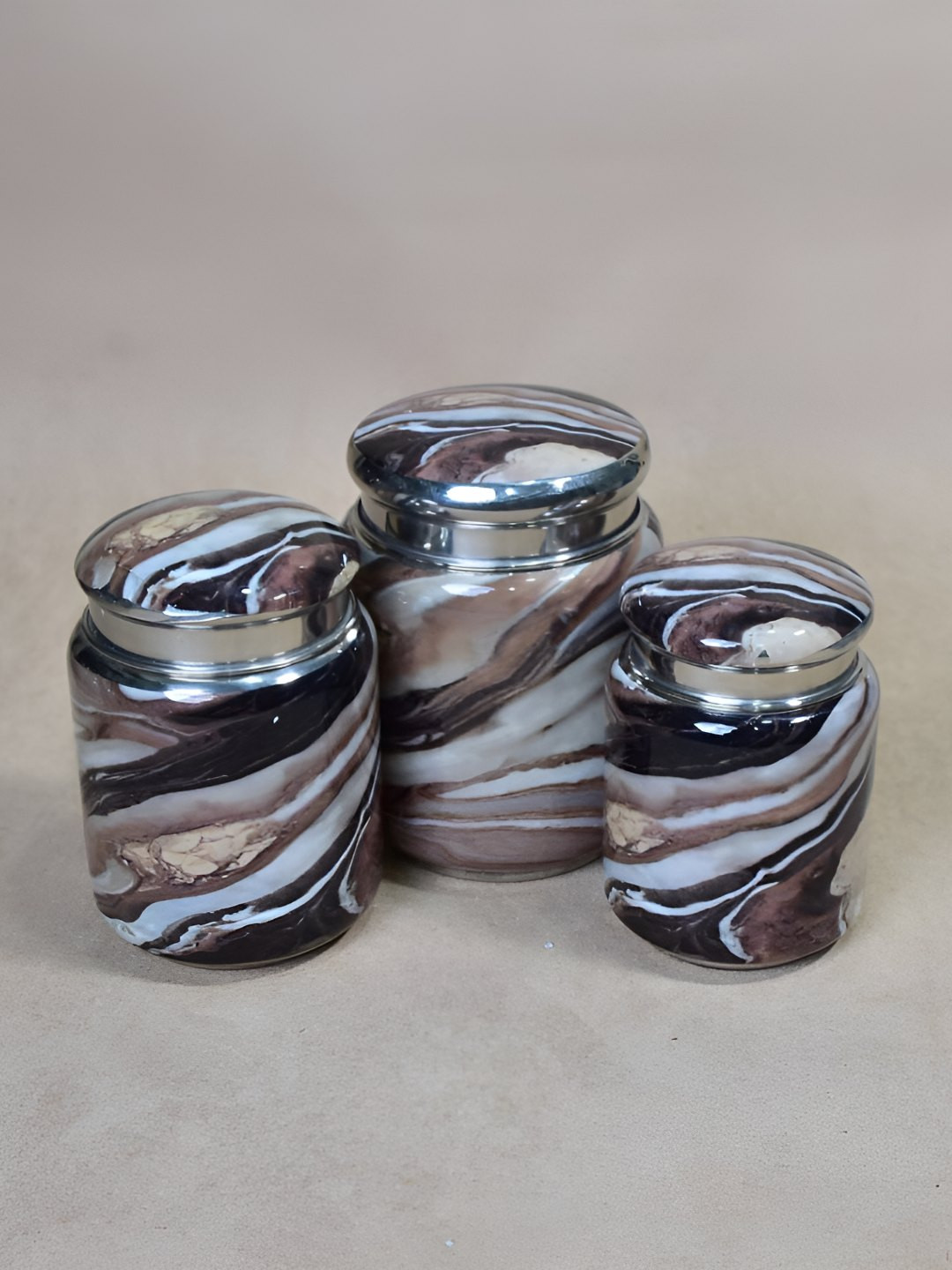 The Home Co. Marblle Brown Marble Metal Easy To Clean 3 Piece Screw Top Canister