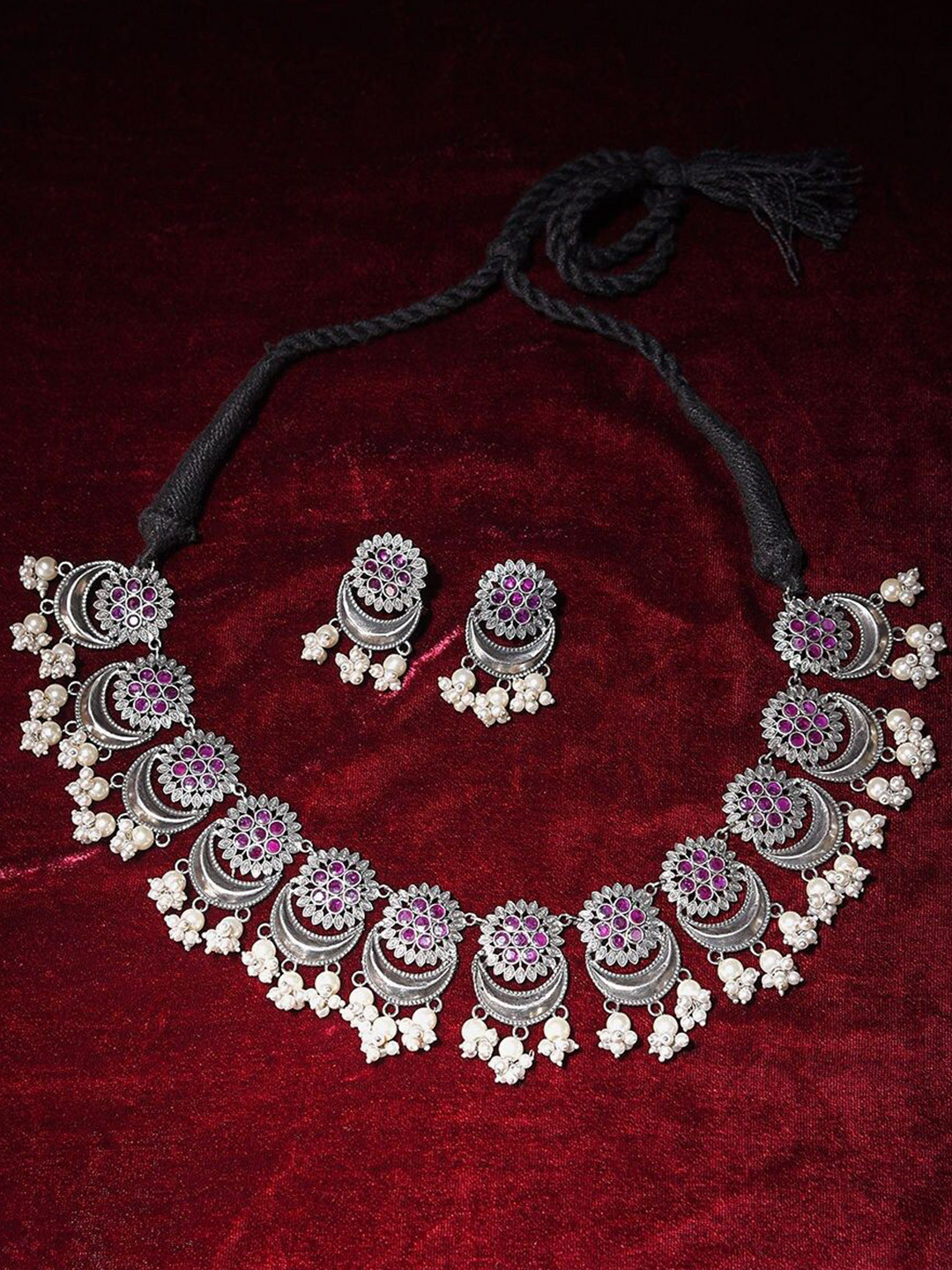JAYPORE Sliver-Plated Artificial Stone-Studded & Beaded Jewellery Set