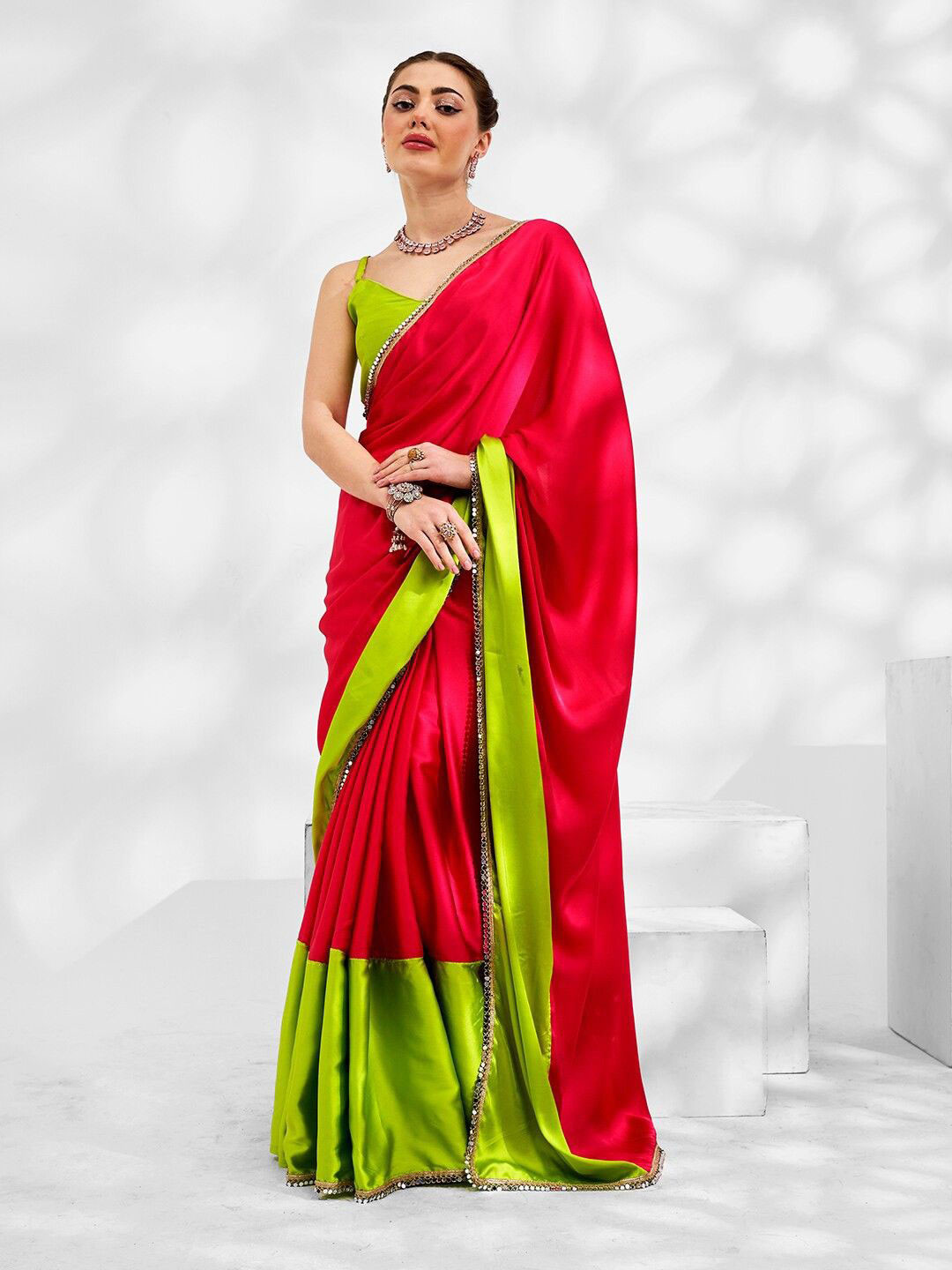 DIKONA DESIGNER Embellished Mirror Work Satin Half and Half Saree