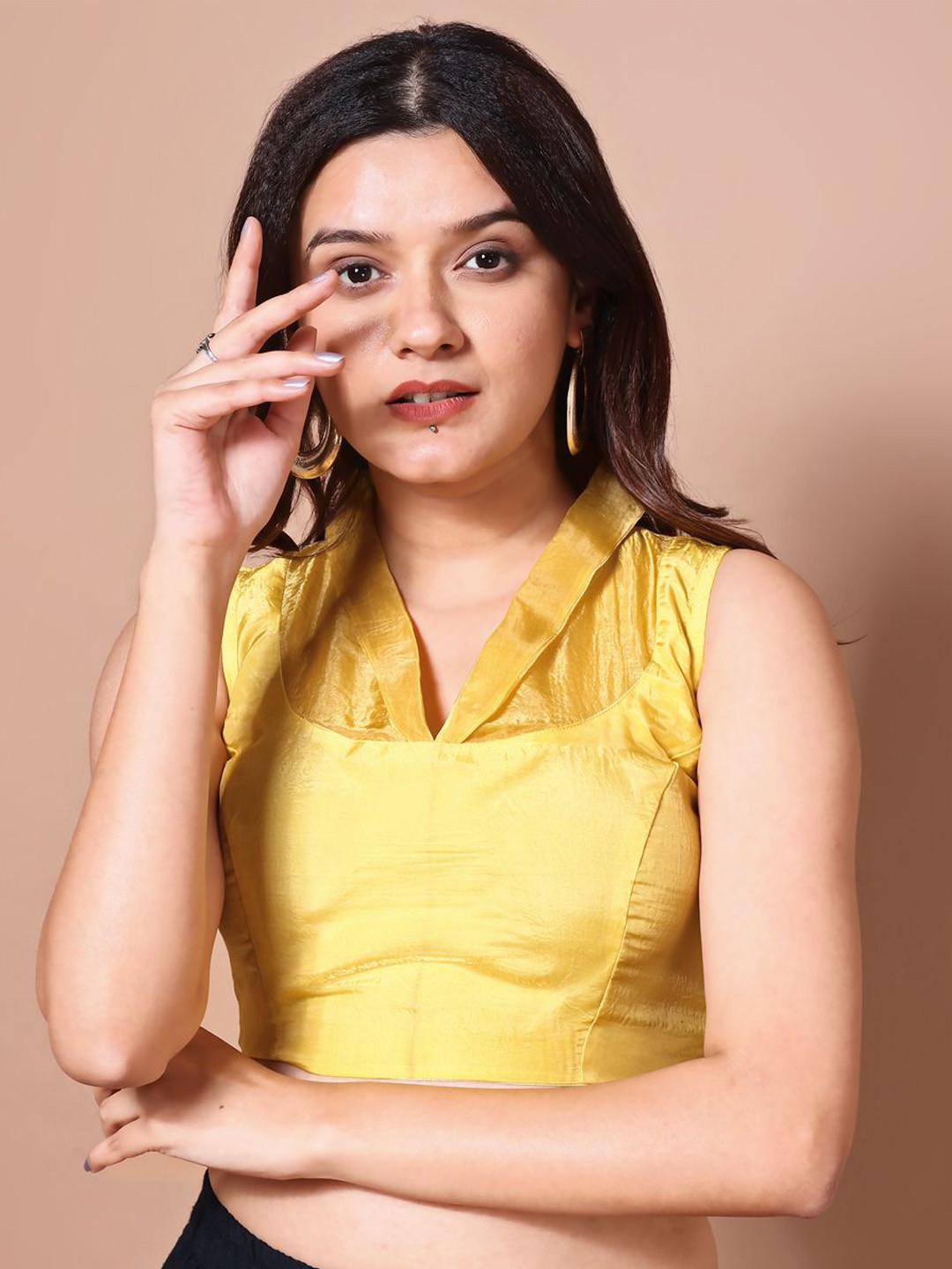 Sazrika Women Haldi Yellow Organza Shimmer Readymade Saree Blouse