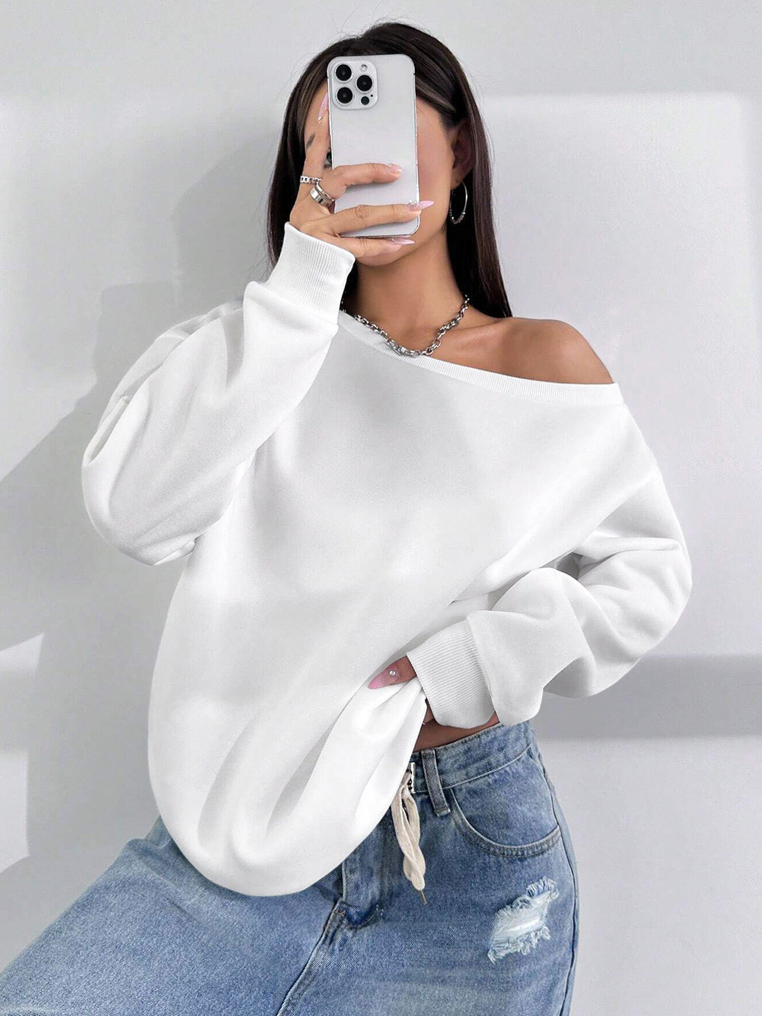 Stylecast X Slyck Solid Off Shoulder Oversized Sweatshirt