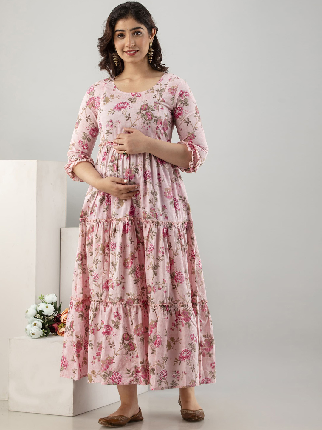 VARICOS Pure Cotton Printed Pregnancy Wear Maternity Maxi Dress With Nursing Zipper