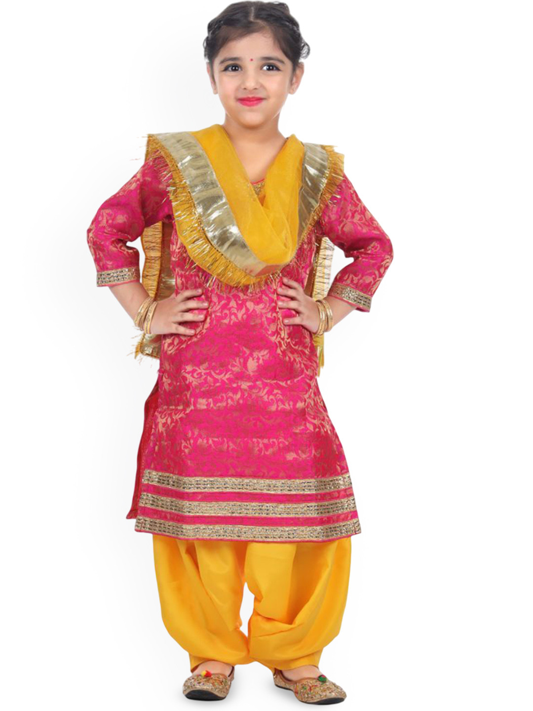 Itsmycostume Pink And Yellow Silk Suit And Salwar With Dupatta Set