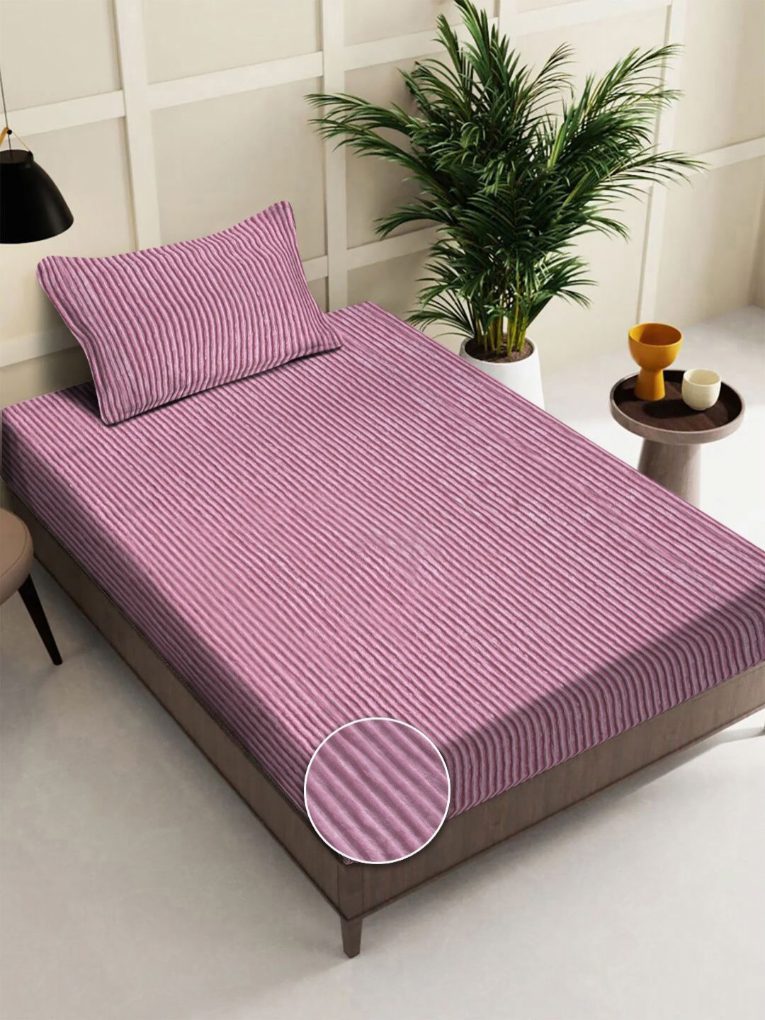 FABINALIV Pink Striped Wool 300 TC Single Fine Bedsheet with a Pillow Cover-250 x 150 cm