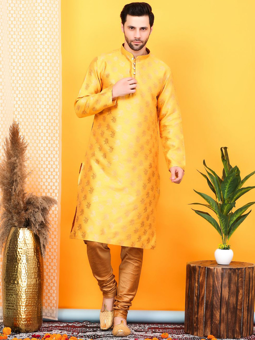 Larwa Woven Design Mandarin Collar Jacquard Zari Straight Kurta With Churidar