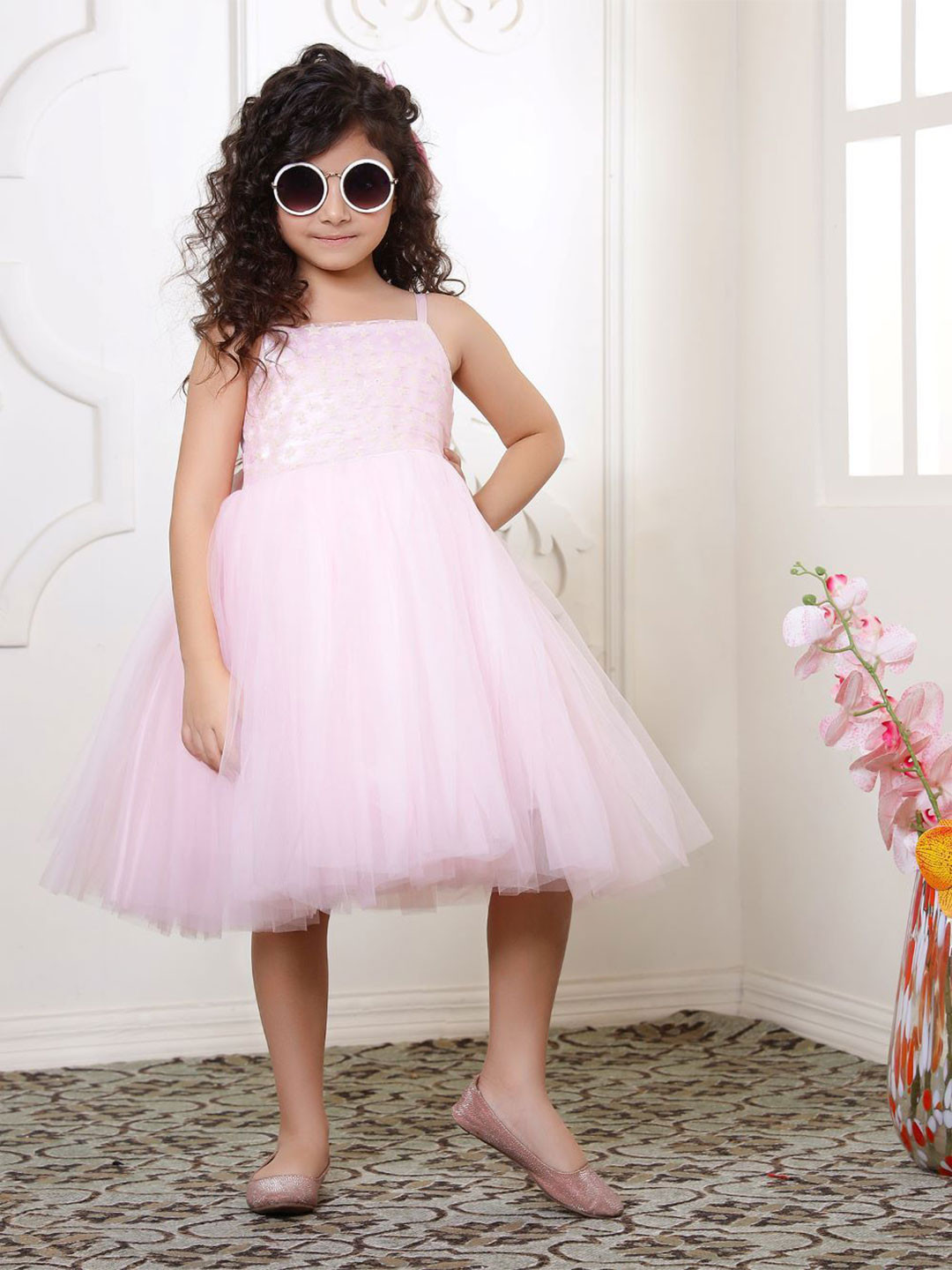 Toy Balloon kids Girls Shoulder Straps Knee Length Net Fit & Flare Party Wear Dress