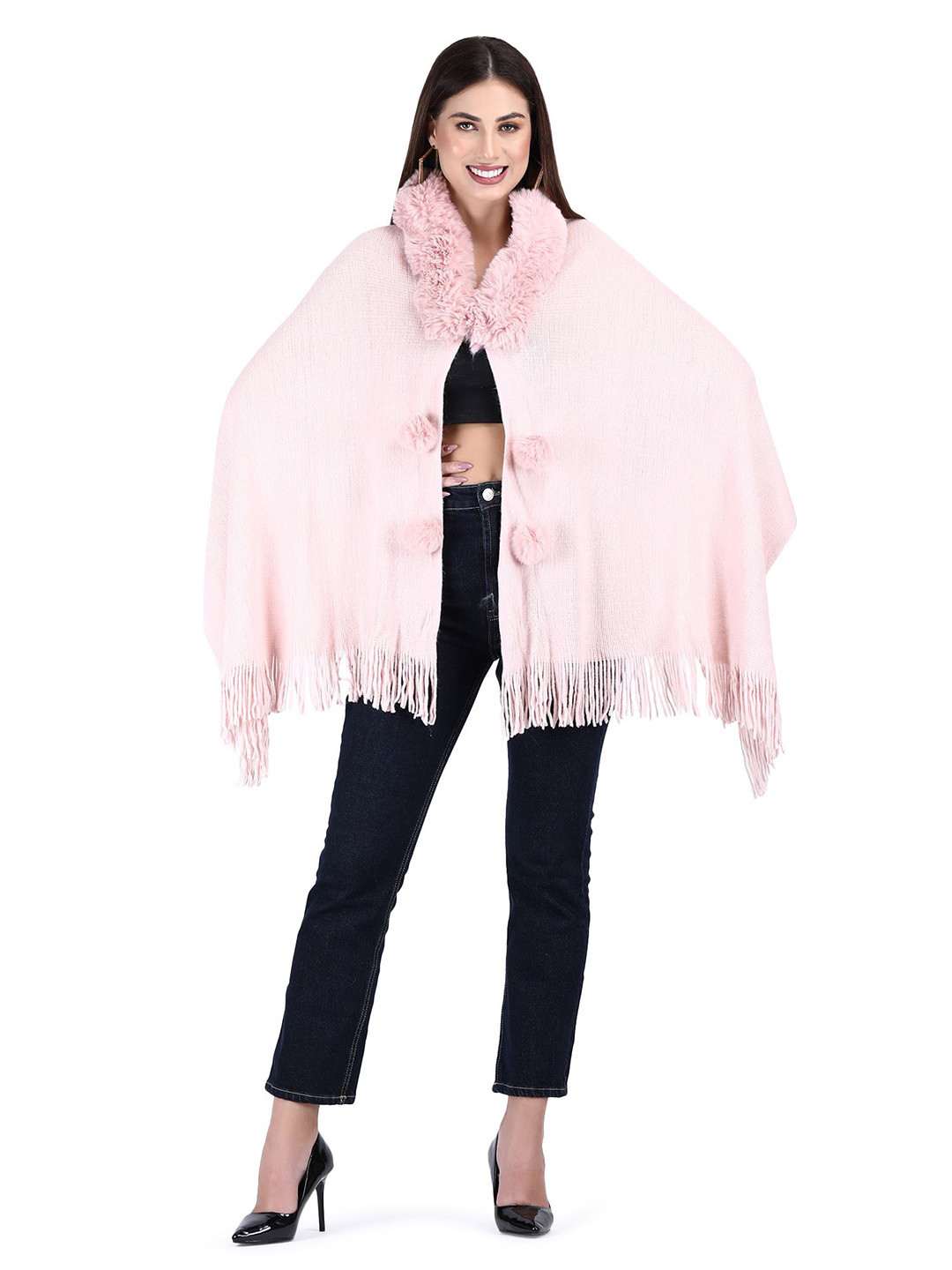 Stole & Yarn Women Fur Collar & Pom Pom Poncho
