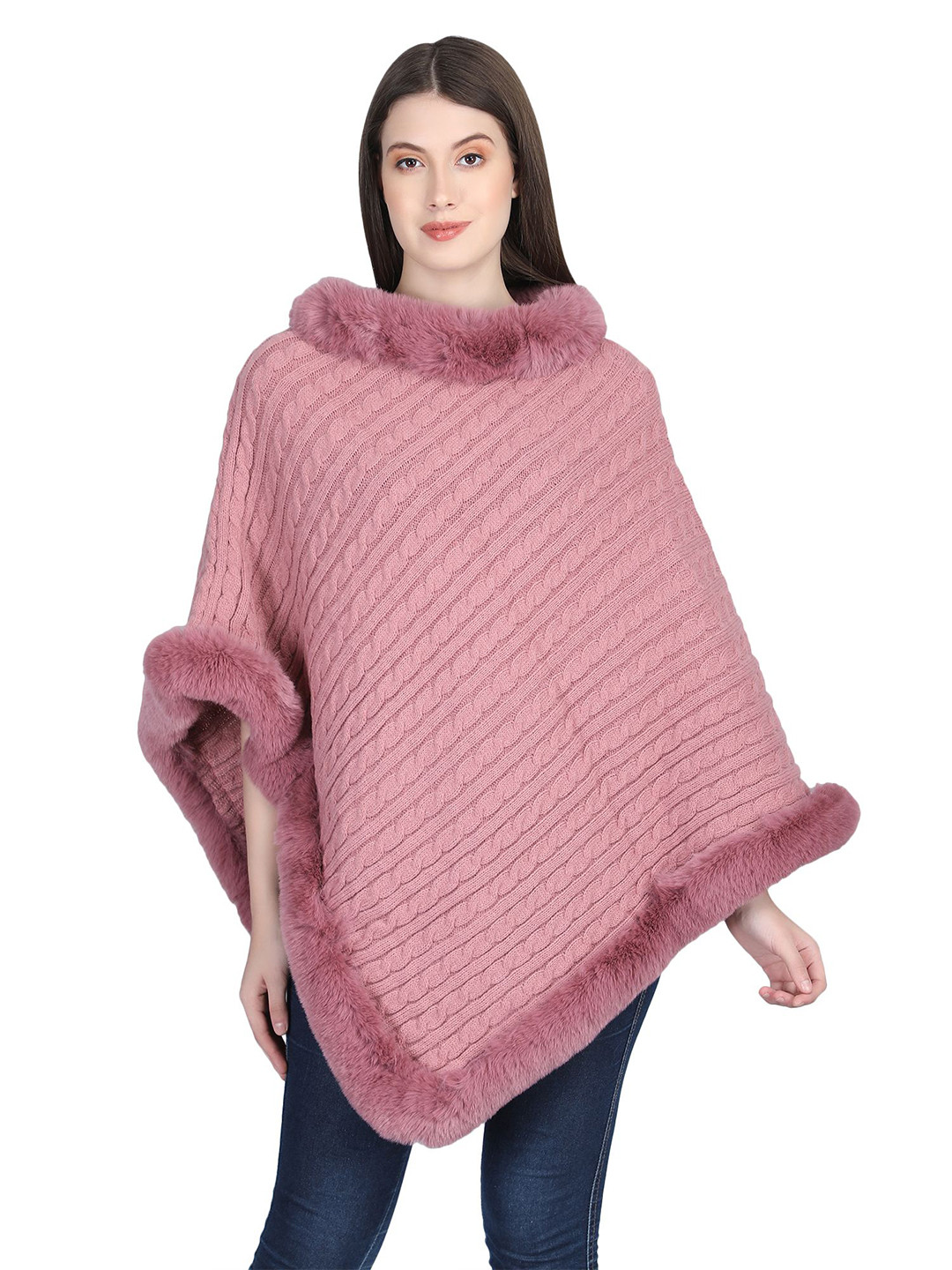 Stole & Yarn Women Striped Pink Knitted Fur Collar Poncho
