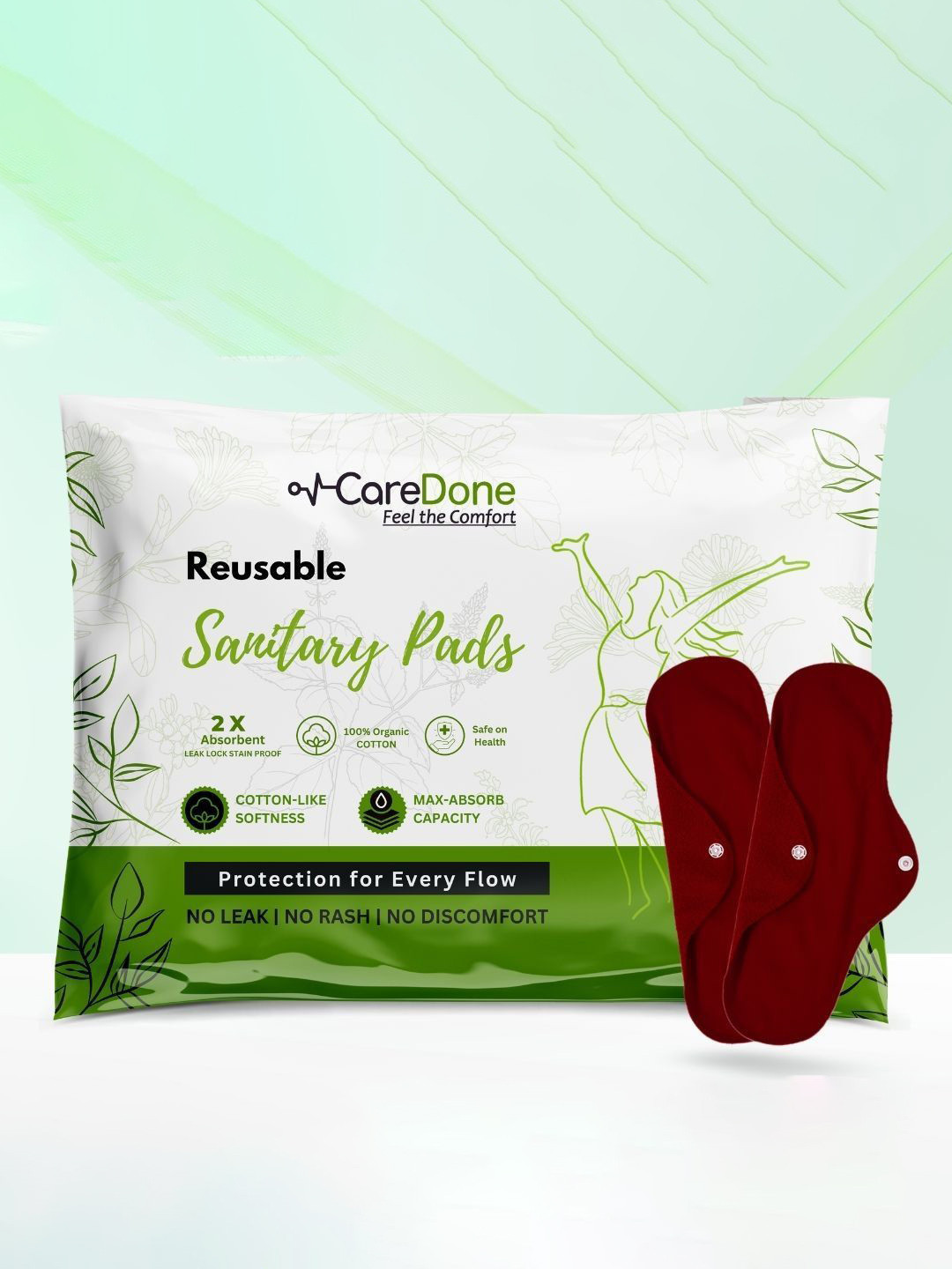 CareDone Set Of 2 Washable & Reusable Comfty Extra Large Cotton Sanitary Cloth Pad - XL