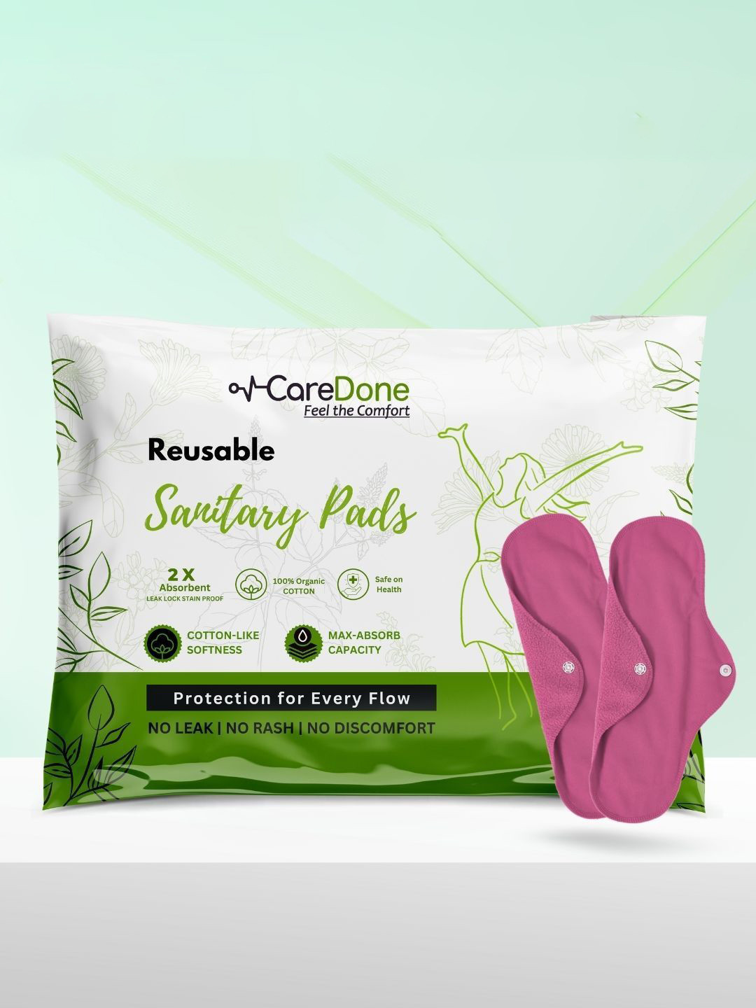 CareDone Set Of 2 Organic Cotton Washable & Reusable Sanitary Cloth Pads - Pink - XL Each