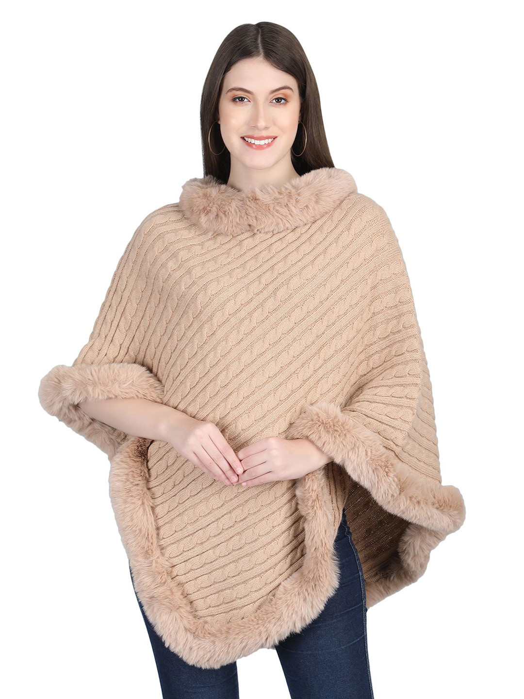 Stole & Yarn Women Self Design Cable Knit Beige Knitted Fur Collar Poncho