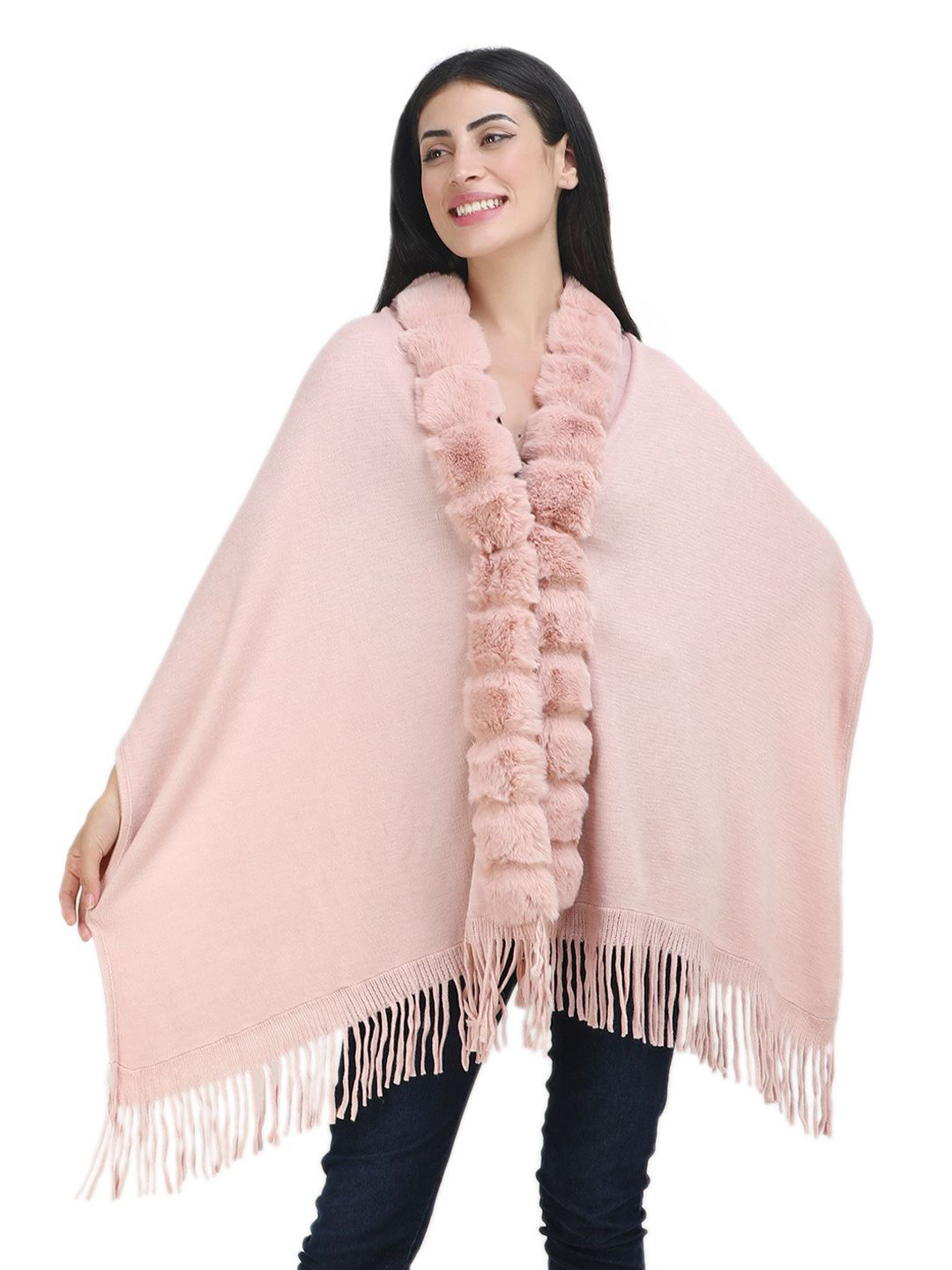 Stole & Yarn Women Pink Fur Collar Poncho