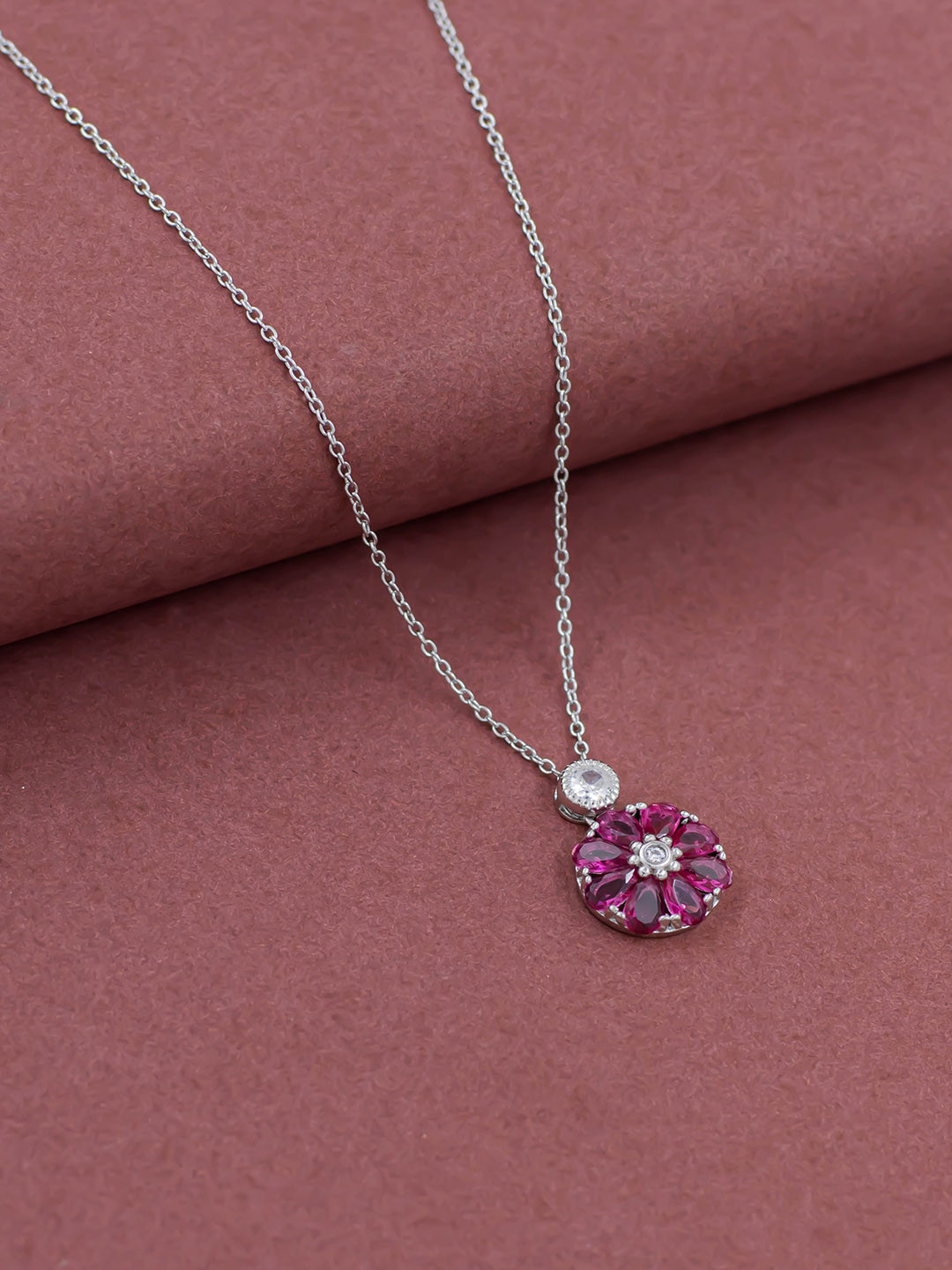 SILMORA Silver-Plated Floral Shaped Pendant with Chain
