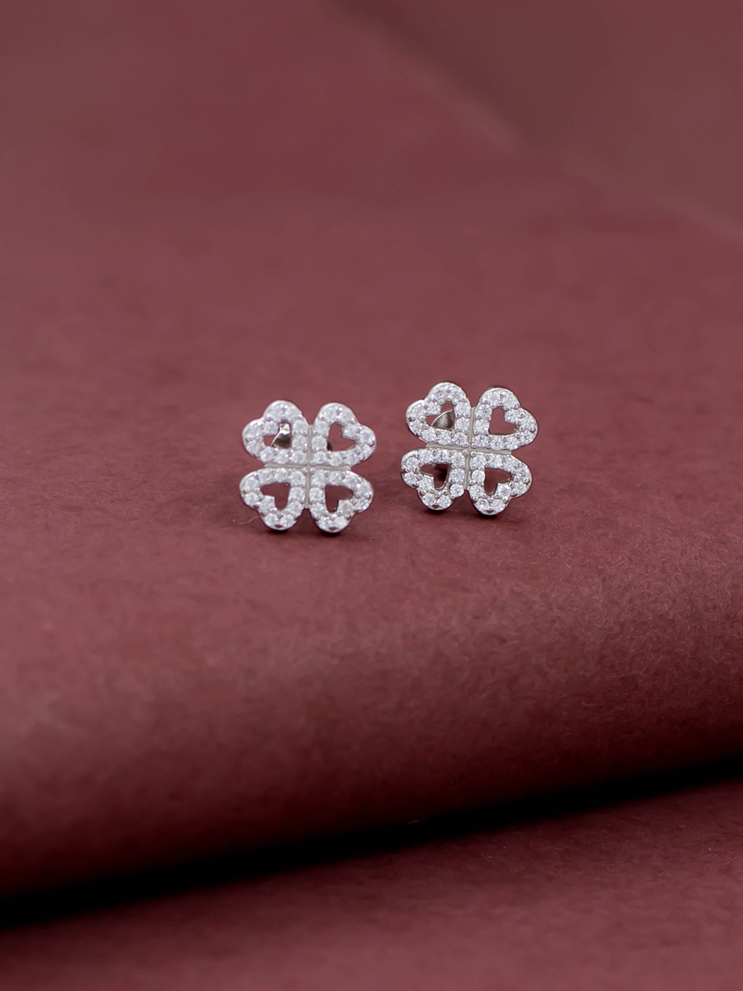SILMORA Silver-Plated Cubic Zirconia Stone Studded Floral Shaped Studs