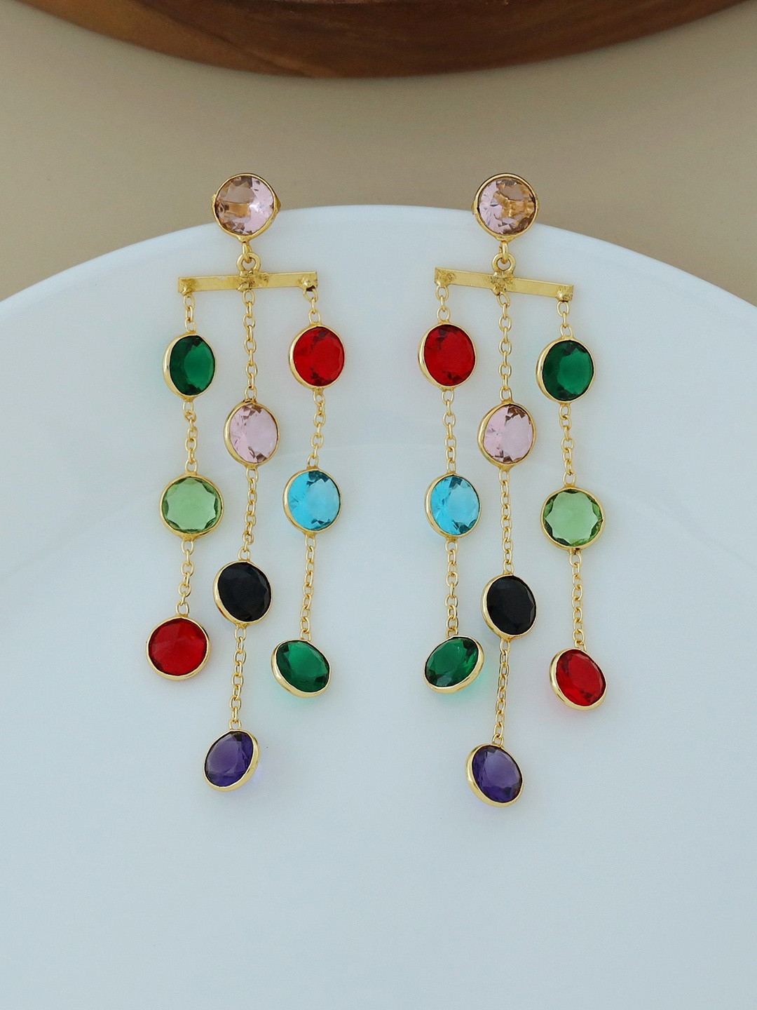 Adore By Priyanka Gold-Plated Artificial Stones Studded Circular Drop Earrings