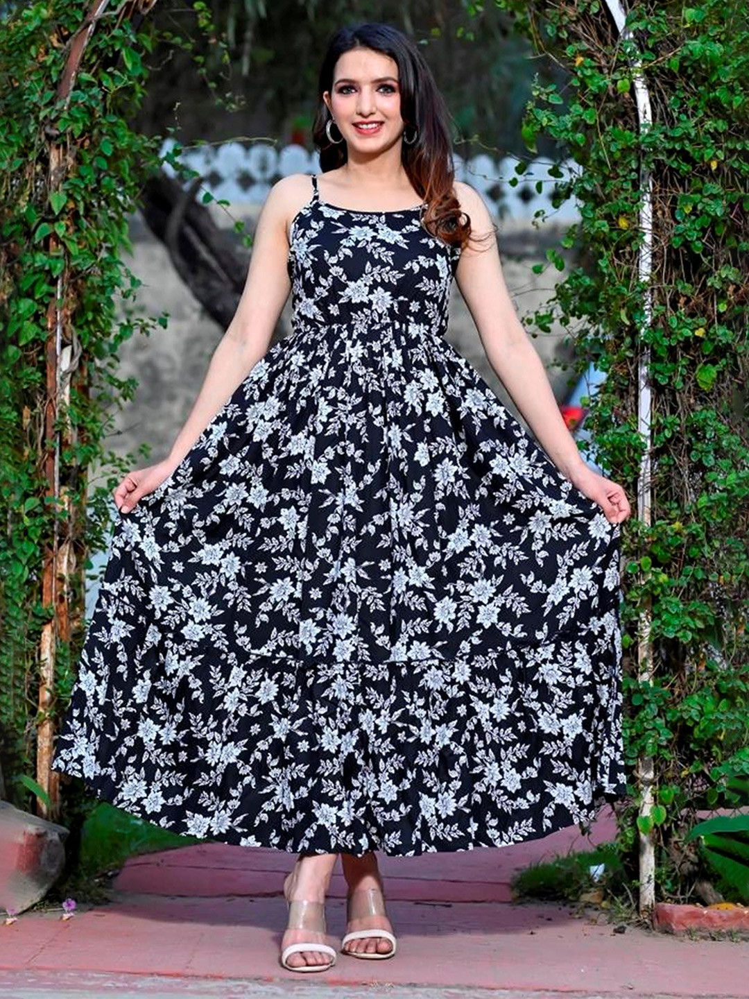 ao services Women Floral Printed Shoulder Straps Maxi Dress