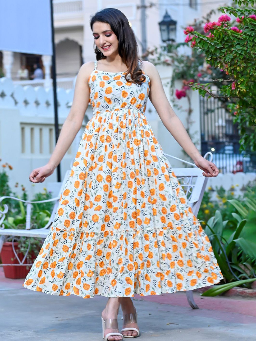 ao services Women Floral Printed Tiered Maxi Dress