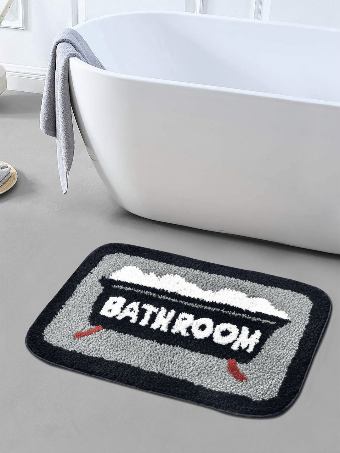 FABINALIV Grey & White Textured Anti Skid Bath Mat