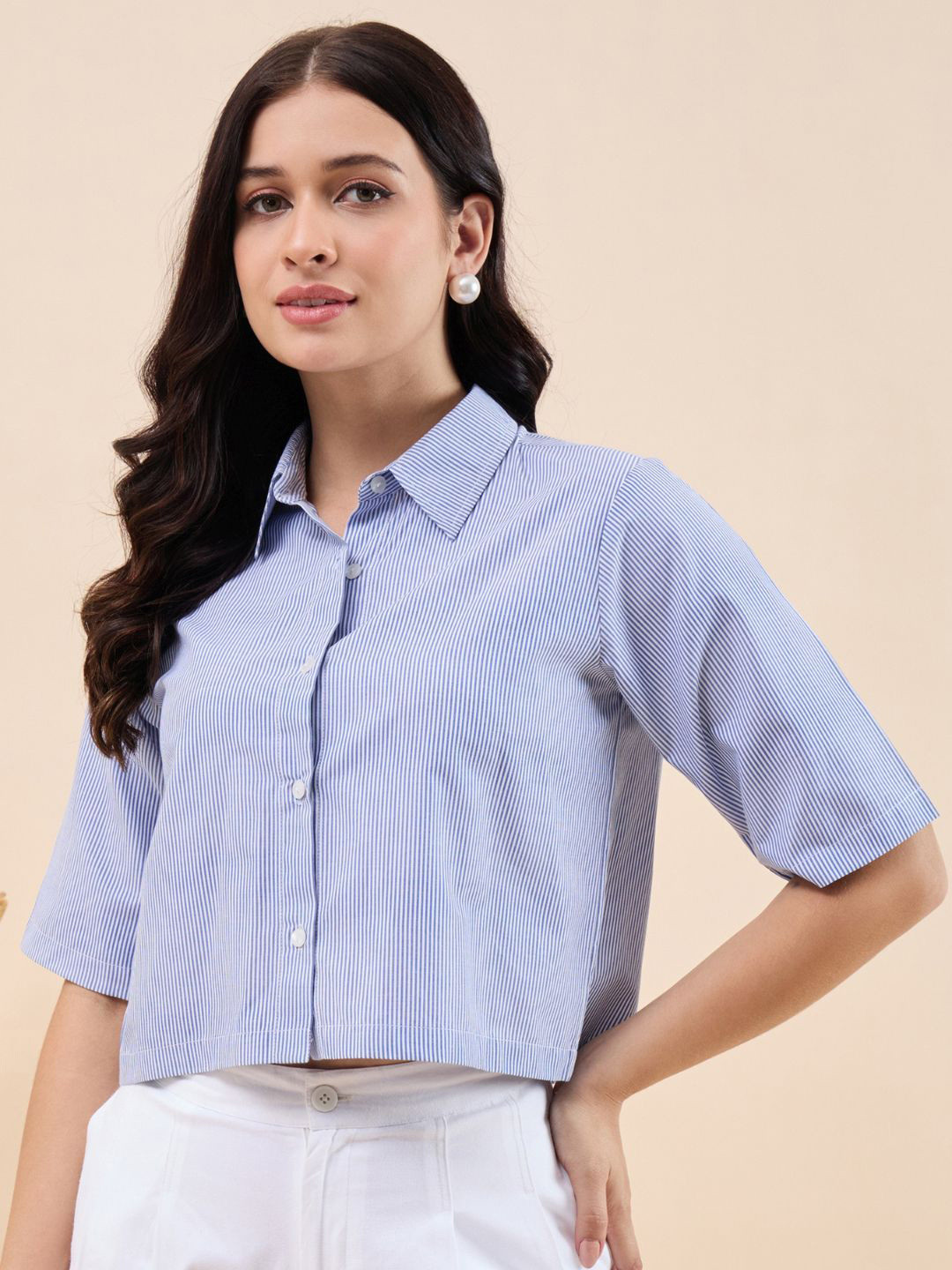 Kiarabel Retail Women Comfort Spread Collar Vertical Striped Cotton Casual Shirt