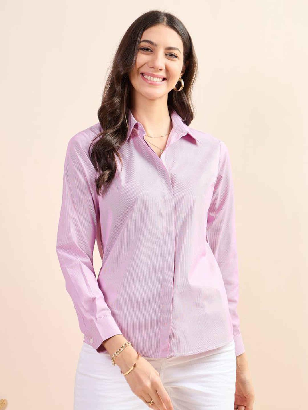 Kiarabel Retail Women Comfort Spread Collar Vertical Striped Cotton Casual Shirt