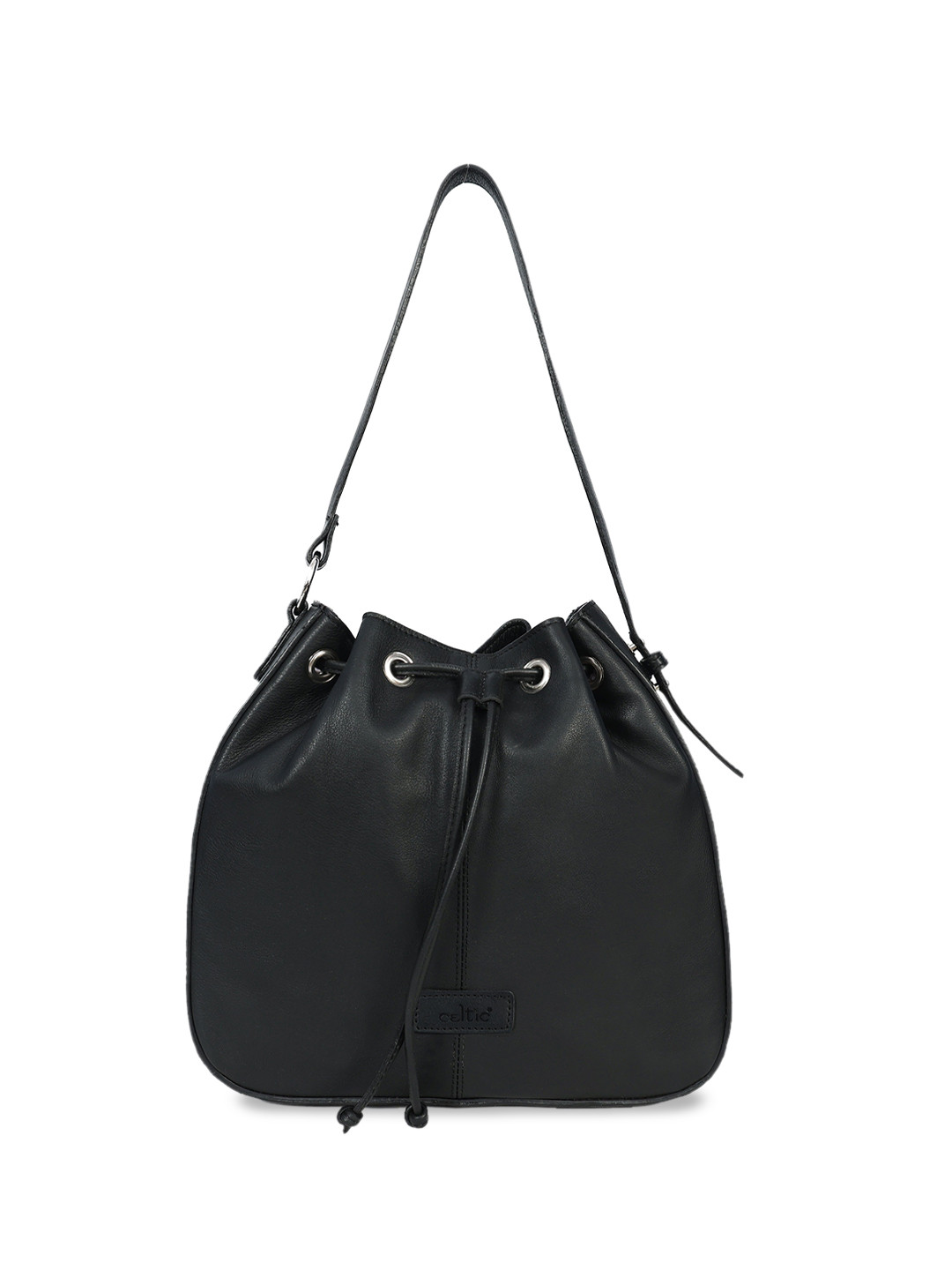 Celtic Women Black Textured Leather Bucket Handheld Bag with Drawstring Closure