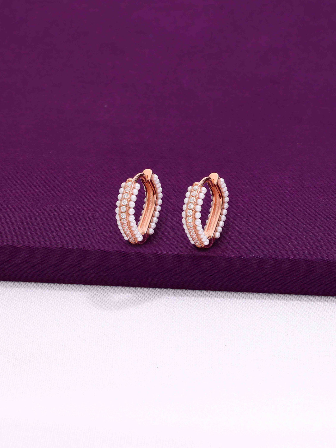 KAI JEWEL Rose Gold-Plated Pearl Sterling Silver Contemporary Hoop Earrings
