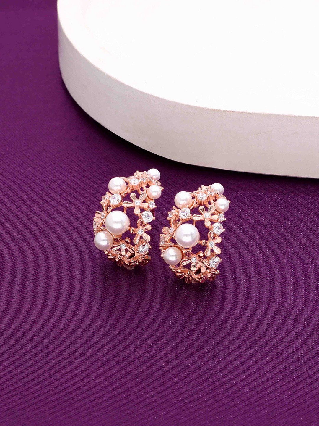 KAI JEWEL Twirly Pearl Rose Gold-Plated  Contemporary Sterling Silver Hoop Earrings