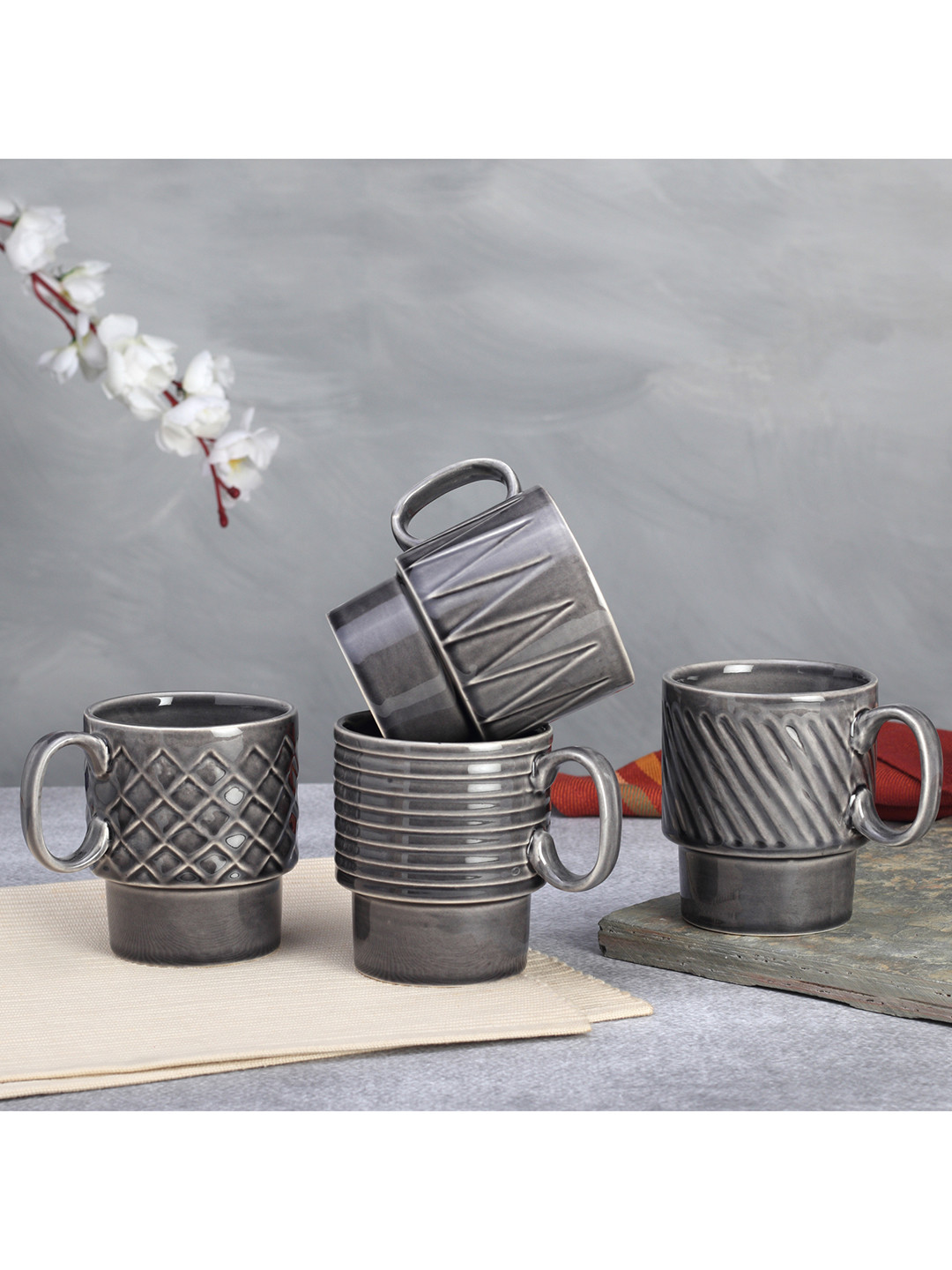 BODHI HOUSE Grey Ceramic Microwave Safe 4 Piece Mug-150ml