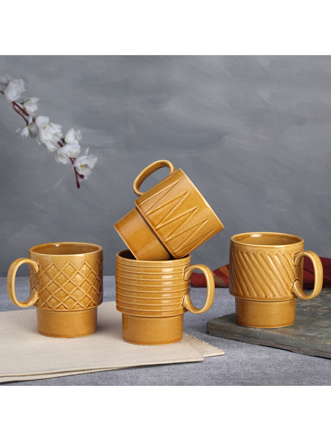 BODHI HOUSE Gold Ceramic Microwave Safe 4 Piece Mugs-150ml