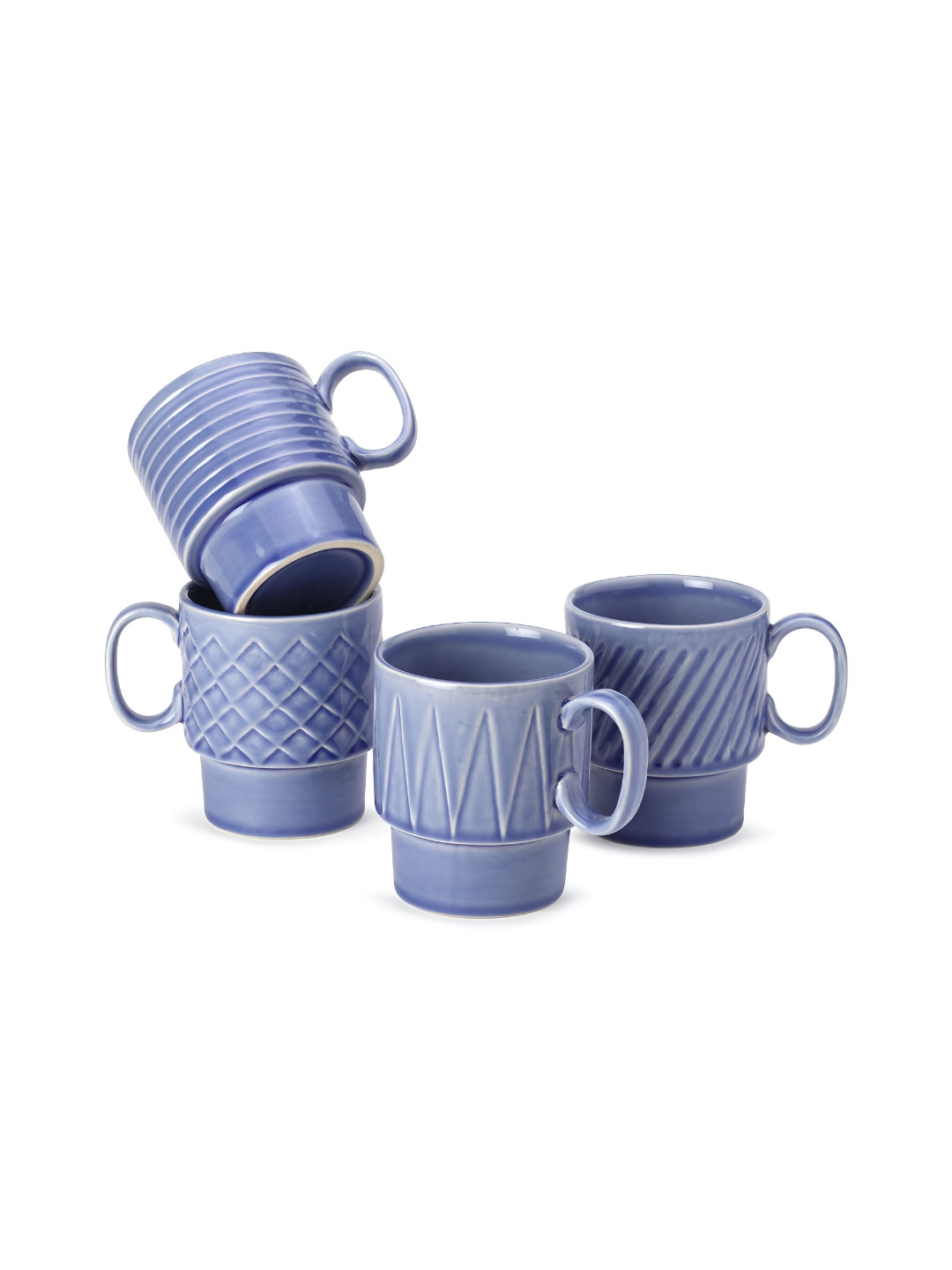 BODHI HOUSE Blue Textured Ceramic Microwave Safe 4 Piece Mugs-250ml