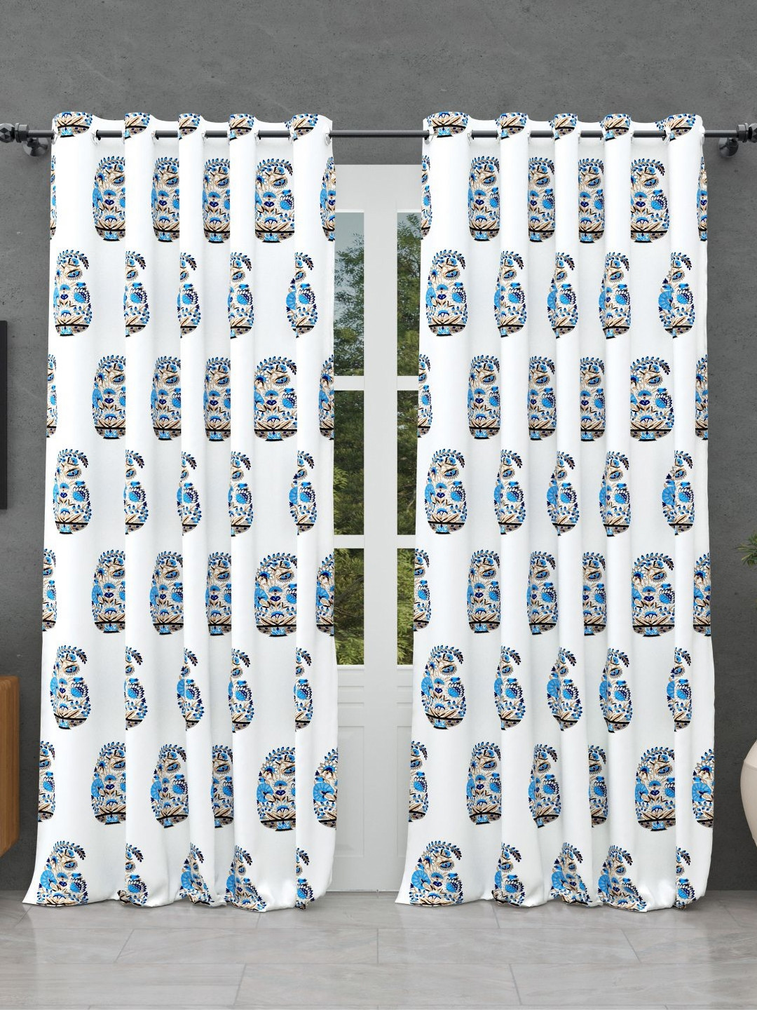 BED-SHEET.COM Blue & White 2 Pieces Paisley Printed Cotton Window Curtains