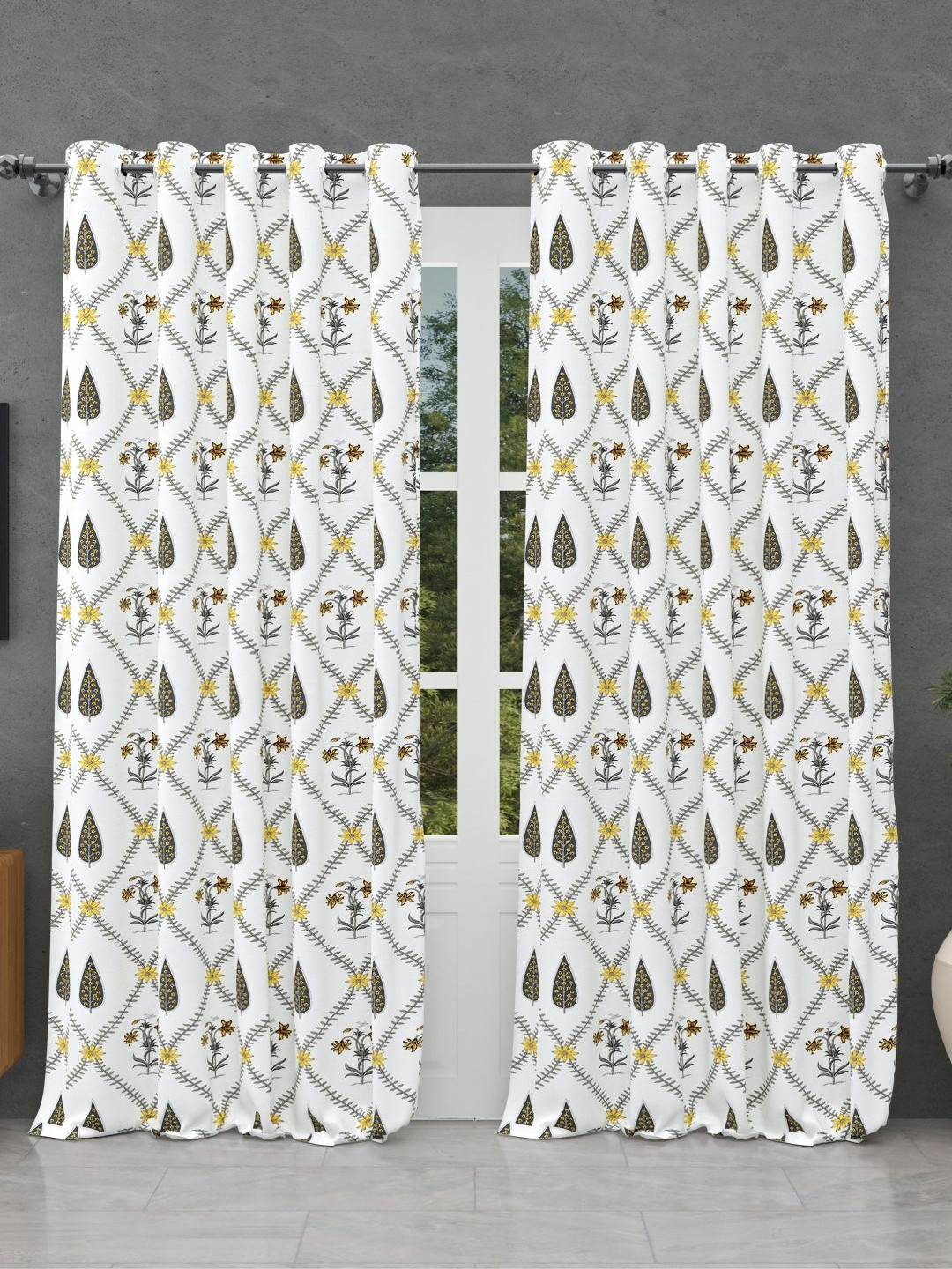 BED-SHEET.COM Grey & Black Cotton Floral Printed Window Curtain